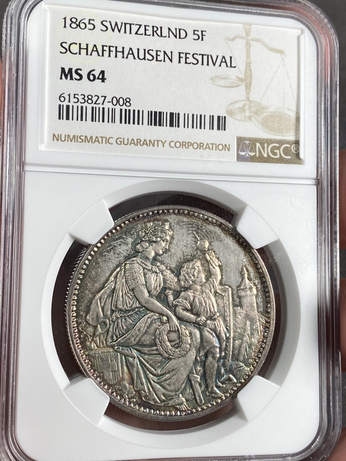 万国钱币拍卖第024期（诸神之战） NGC MS64 1865年瑞士沙夫豪森射击节5法郎大银币 瑞士射击名誉系列 逐年上涨