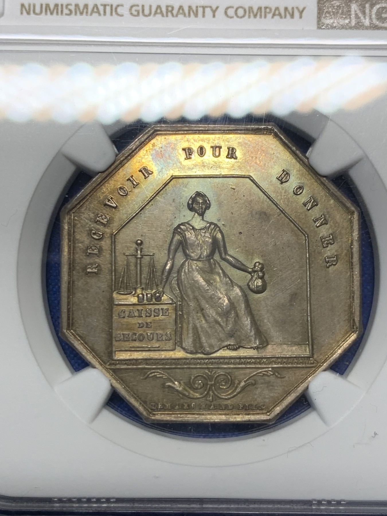 《竞宝斋》第262场-周日，周一，周二 3场连拍 (全场包邮) NGC-UNCD 法国卡尔瓦多斯火灾保险公司八角银质代币