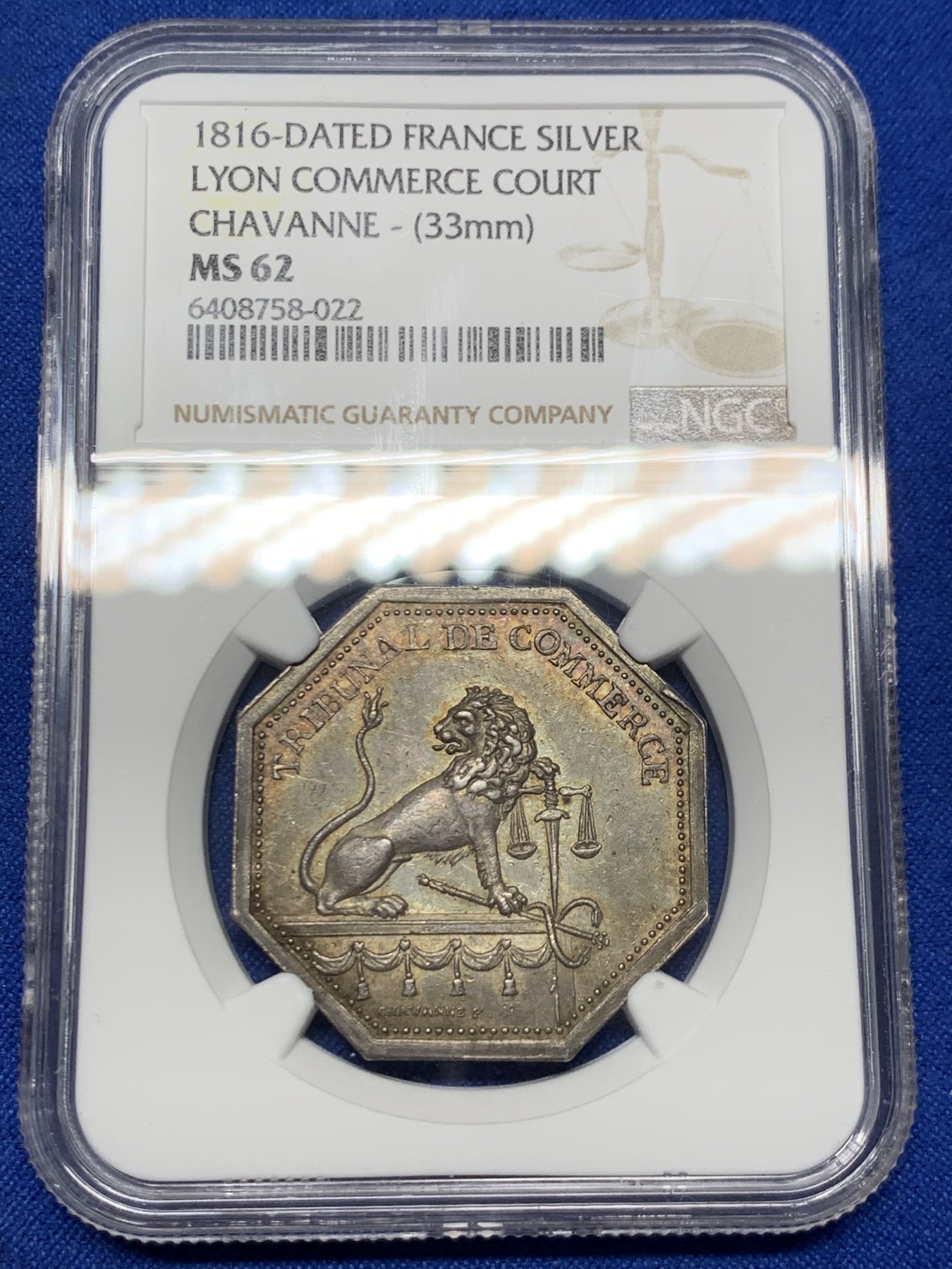 《竞宝斋》第262场-周日，周一，周二 3场连拍 (全场包邮) NGC MS62 法国里昂商业法庭八角银质jeton，里昂地区特色狮子