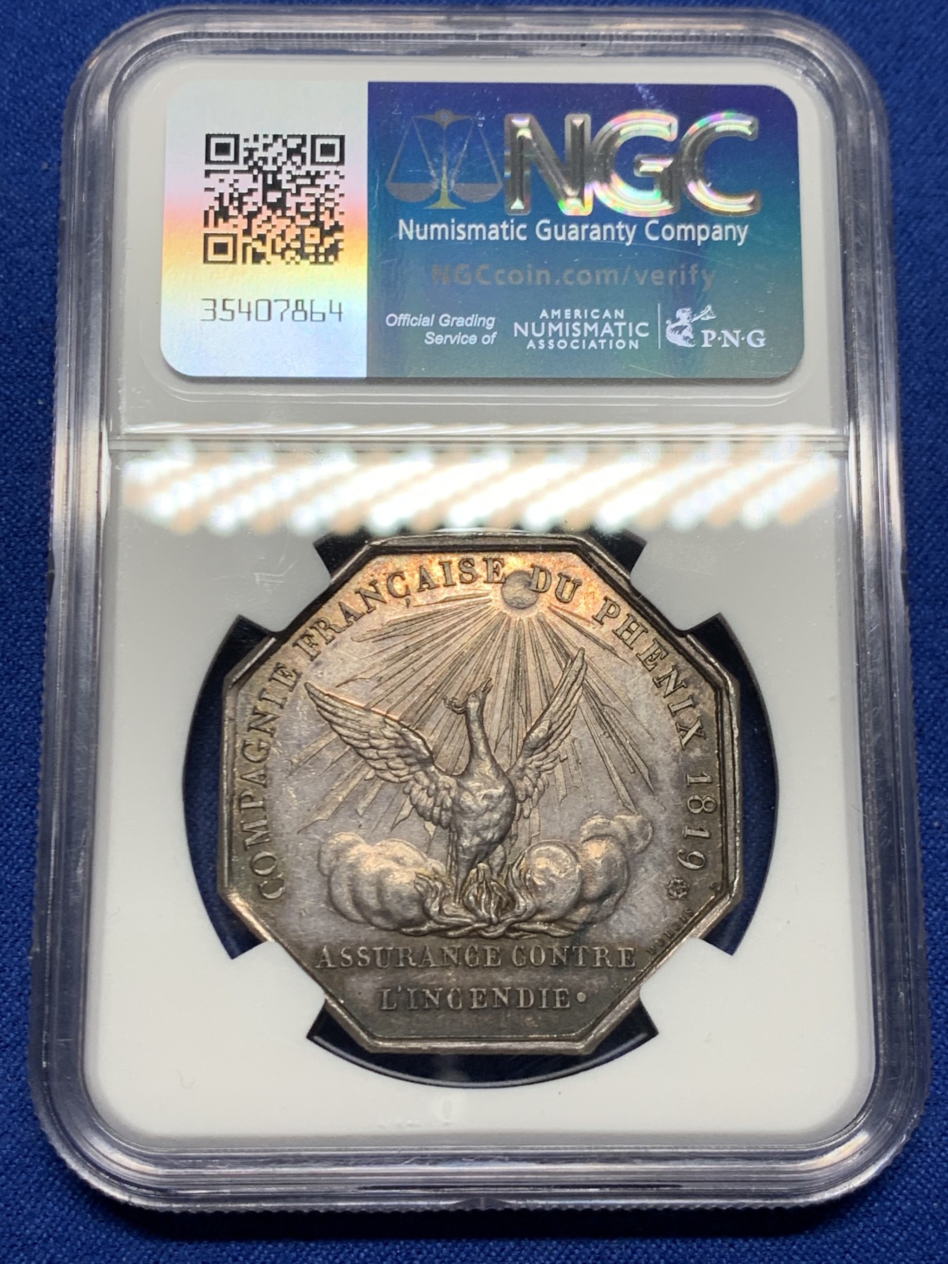 《竞宝斋》第262场-周日，周一，周二 3场连拍 (全场包邮) NGC MS62 法国1819路易十八凤凰火灾保险公司八角银质代币