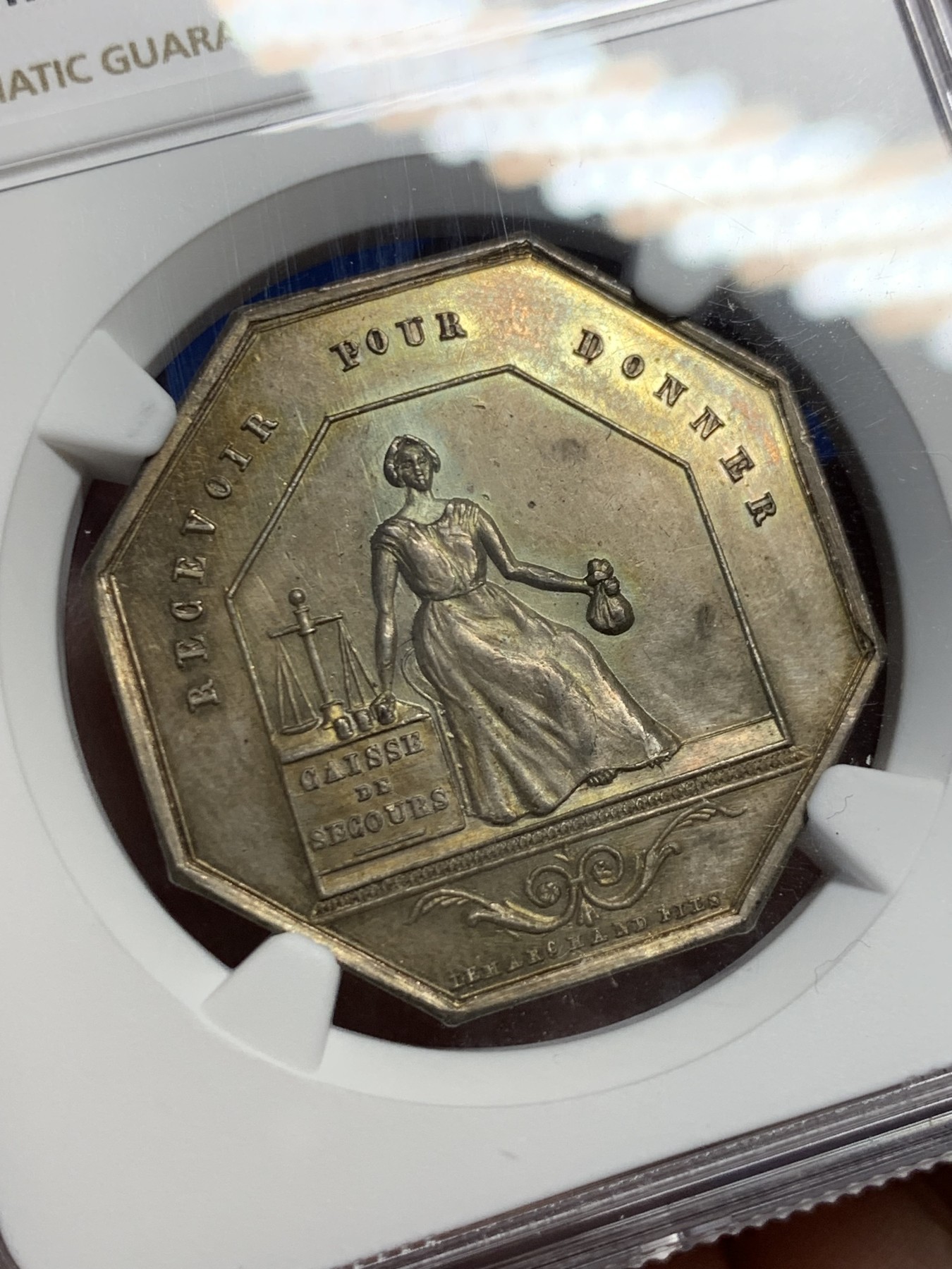 《竞宝斋》第262场-周日，周一，周二 3场连拍 (全场包邮) NGC-UNCD 法国卡尔瓦多斯火灾保险公司八角银质代币