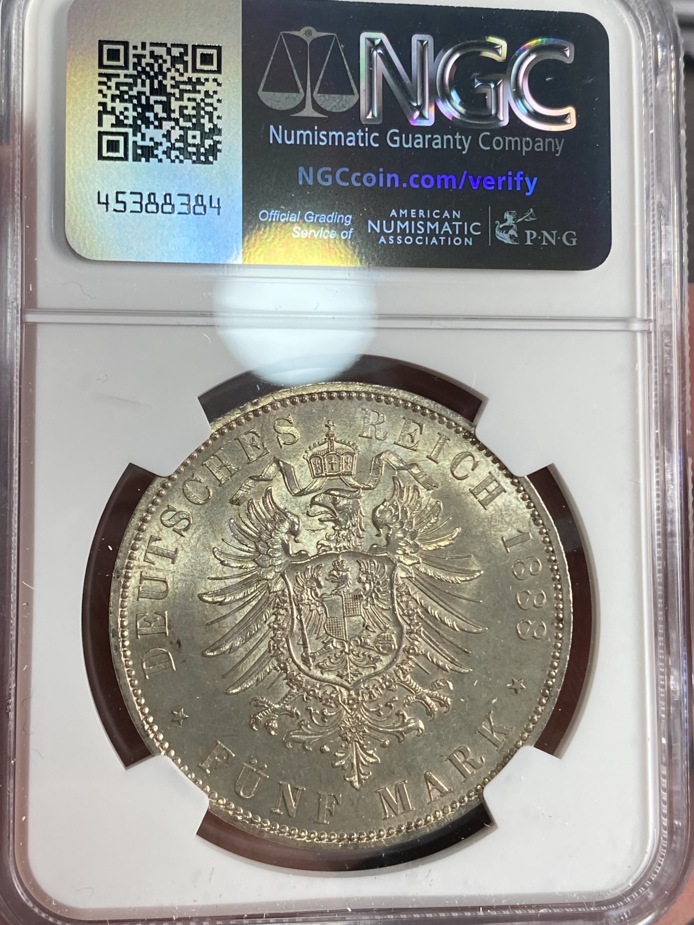 万国钱币拍卖第024期（诸神之战） NGC MS62 1888普鲁士弗三短翅5马克大银 转光好品