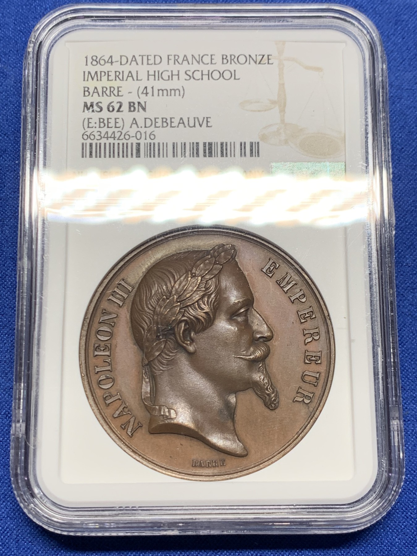 《竞宝斋》第262场-周日，周一，周二 3场连拍 (全场包邮) NGC MS62BN 法国1864帝国高中铜章 拿破仑三世头像 蜜蜂边铭