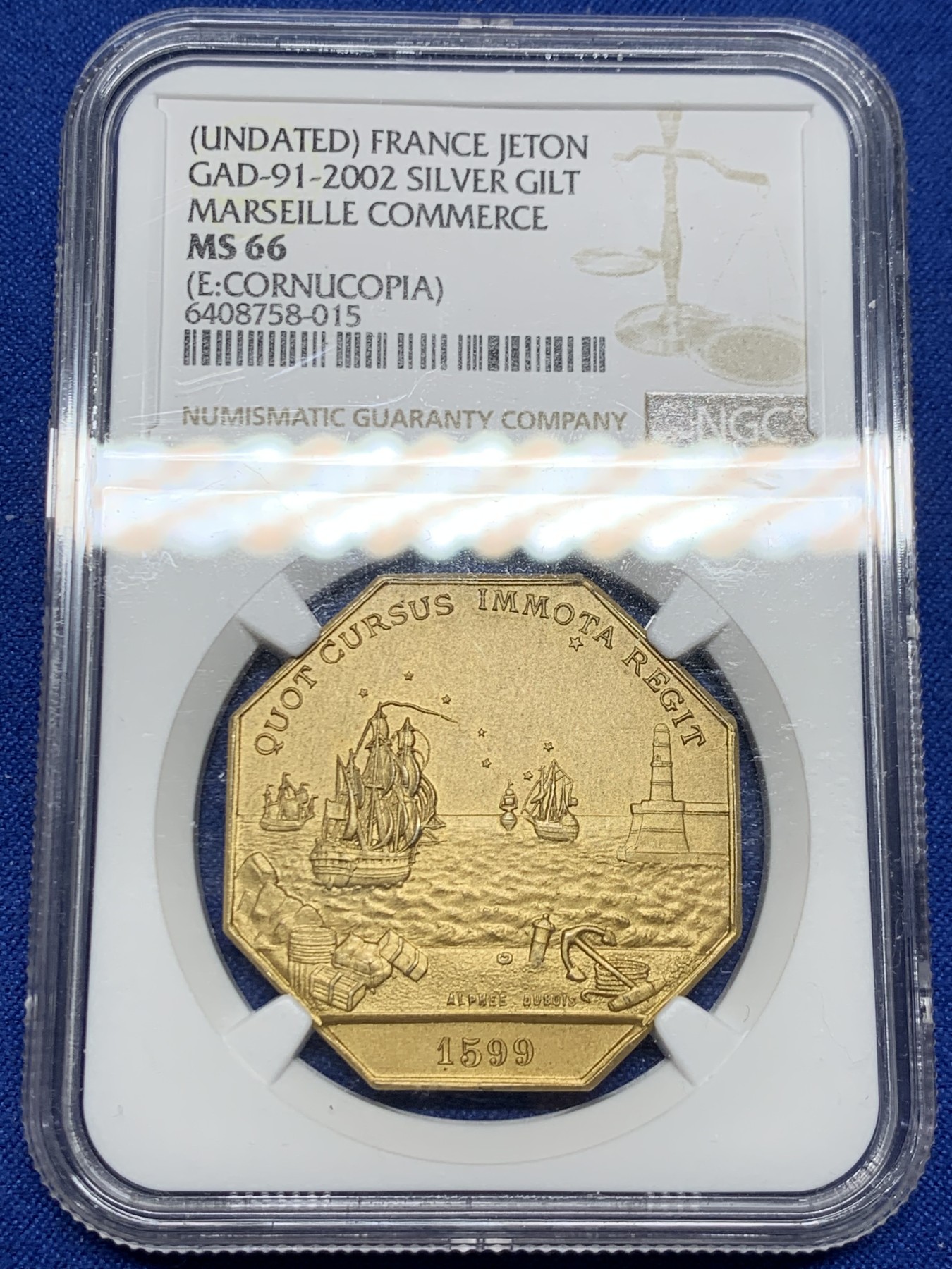 《竞宝斋》第262场-周日，周一，周二 3场连拍 (全场包邮) NGC MS66 法国港口景观八角镀金银质代币，马赛商会