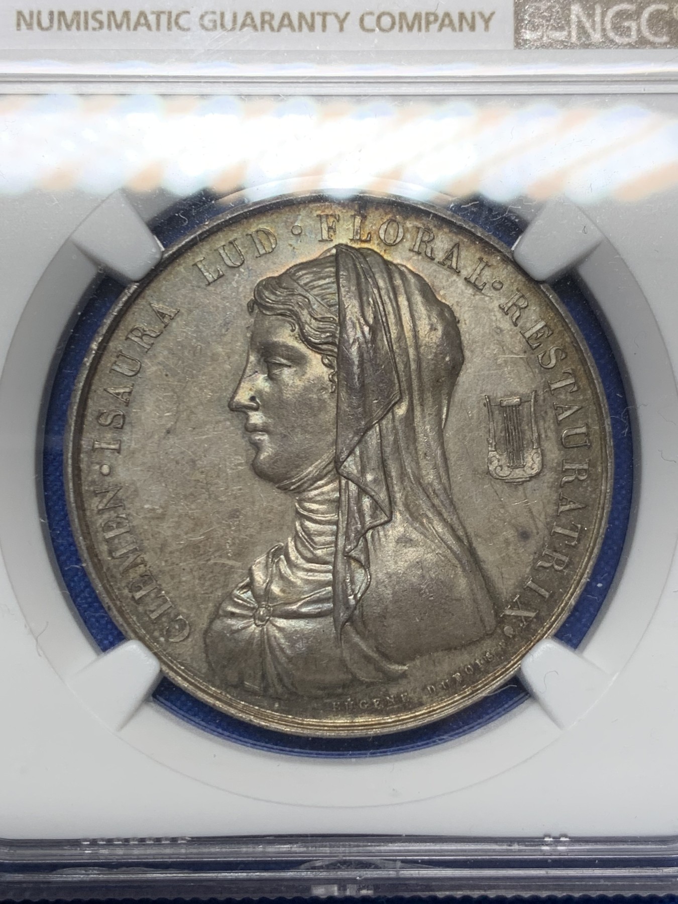 《竞宝斋》第262场-周日，周一，周二 3场连拍 (全场包邮) NGC MS62 法国图卢兹花卉节银质jeton，女诗人克莱蒙·伊索尔