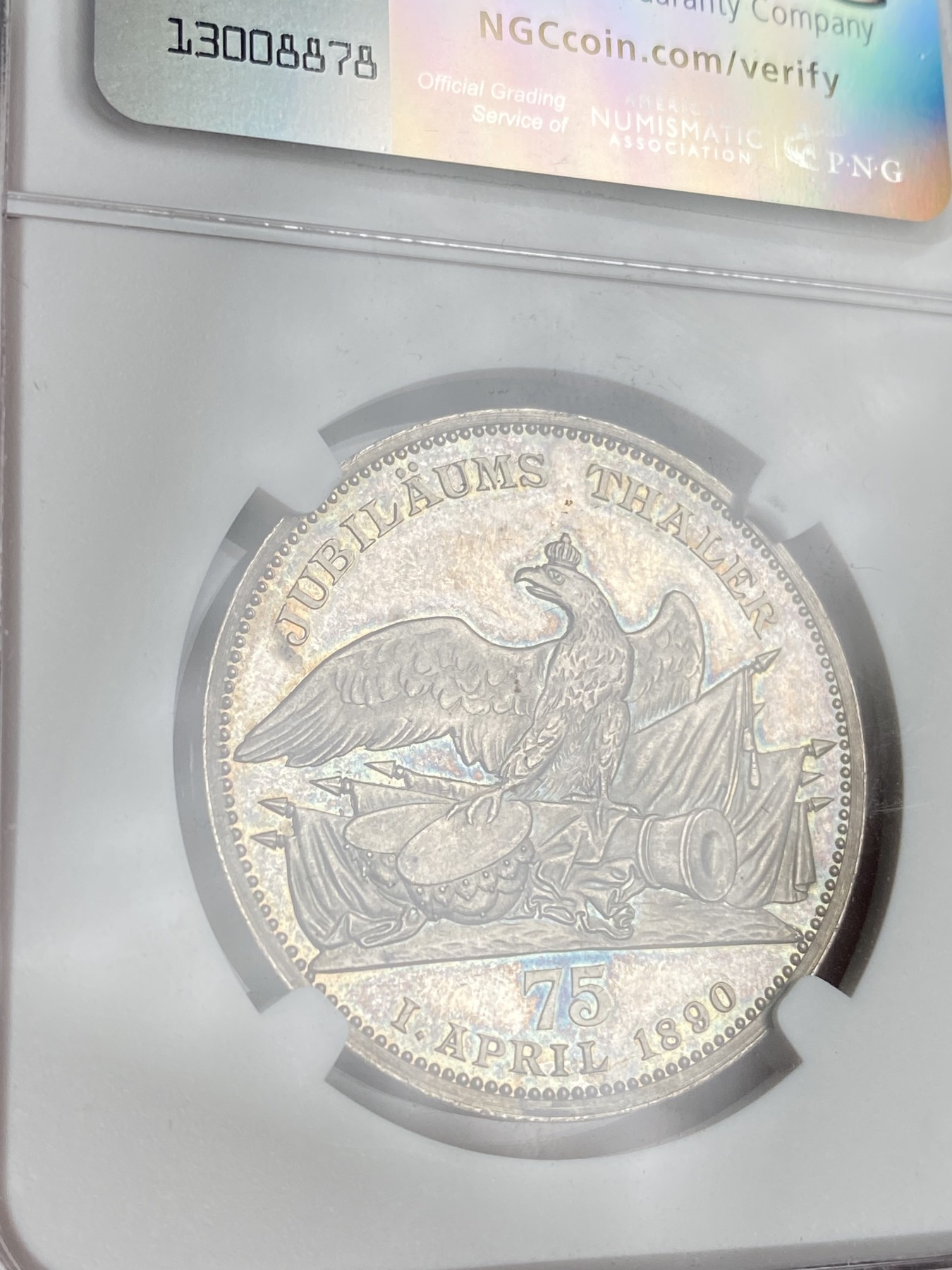 万国钱币拍卖第024期（诸神之战） NGC MS62 1890年德国帝国宰相俾斯麦75岁大寿纪念银章 著名的大炮泰勒为蓝本 整体设计饱满丰富 极其少见的品种 可以与大炮泰勒成双对共藏之 