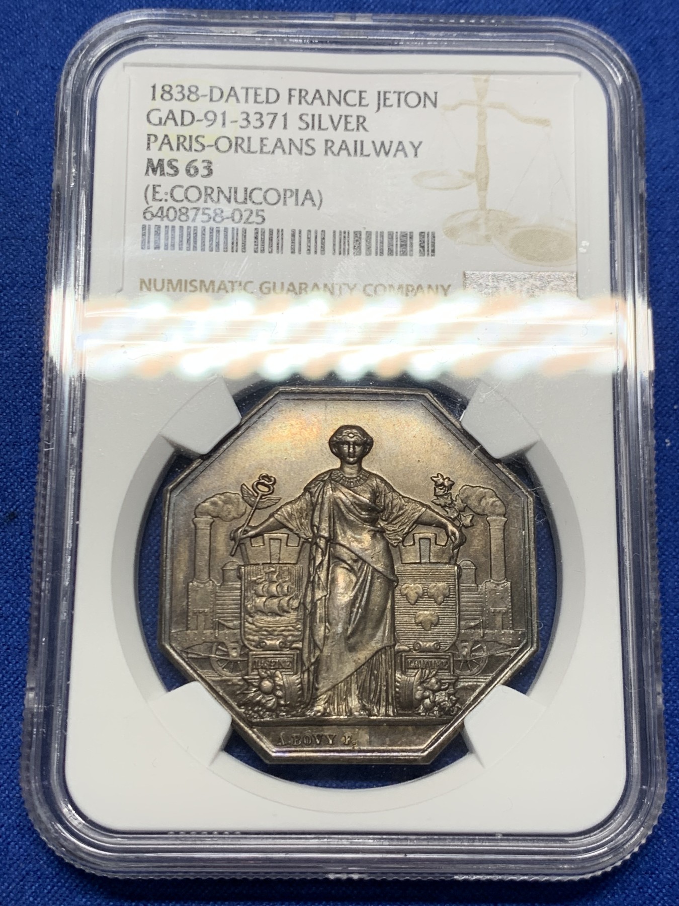 《竞宝斋》第262场-周日，周一，周二 3场连拍 (全场包邮) NGC MS63 法国巴黎-奥尔良铁路八角银质jeton