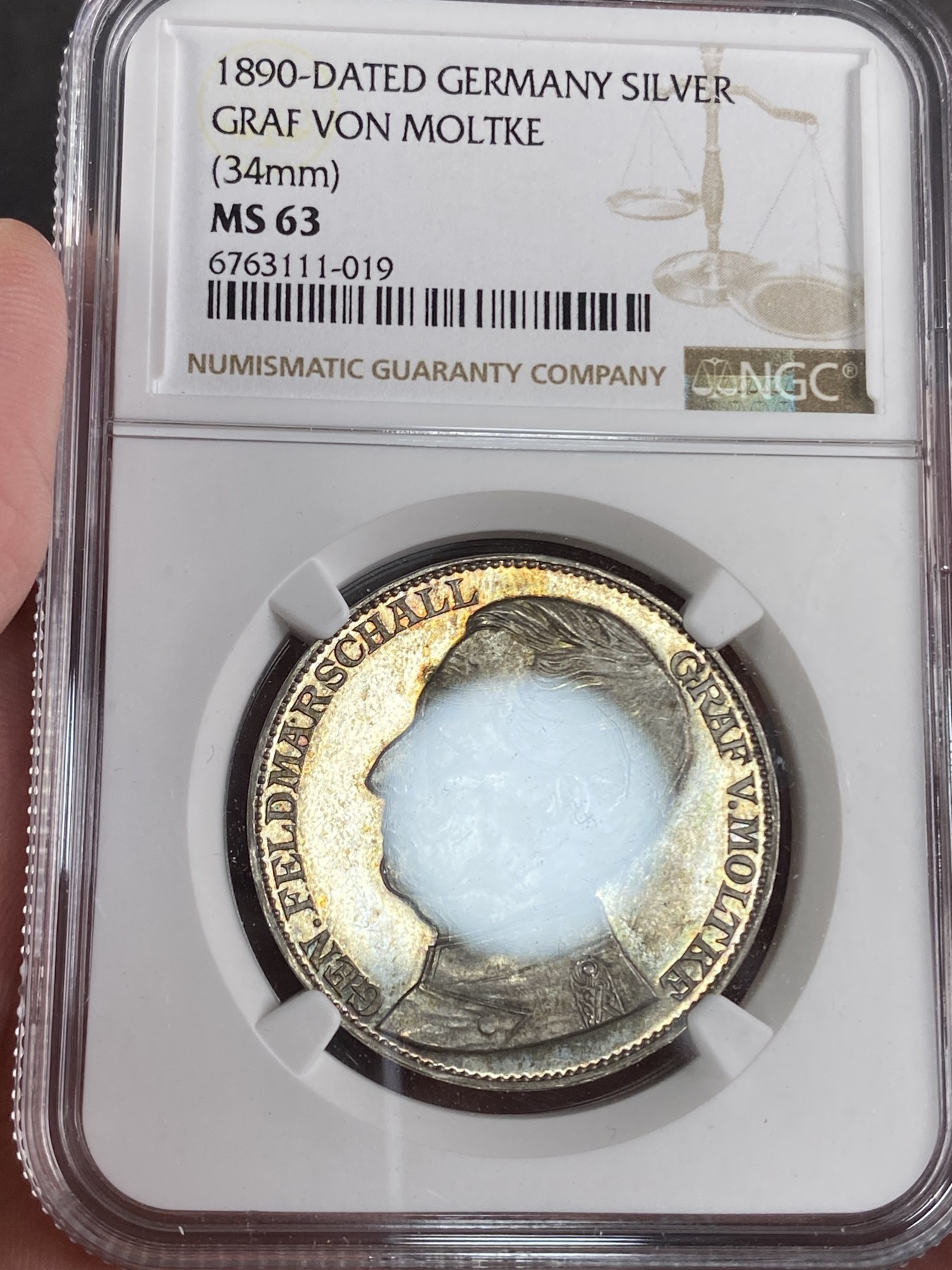 万国钱币拍卖第024期（诸神之战） NGC MS63 1890年德国帝国军神陆军参谋总长毛奇90大寿纪念银章 同为大炮泰勒设计 威廉一世的左膀右臂之一 如此镜面 如此幻彩 所有毛奇的银章都少见 错过可能就很难再见