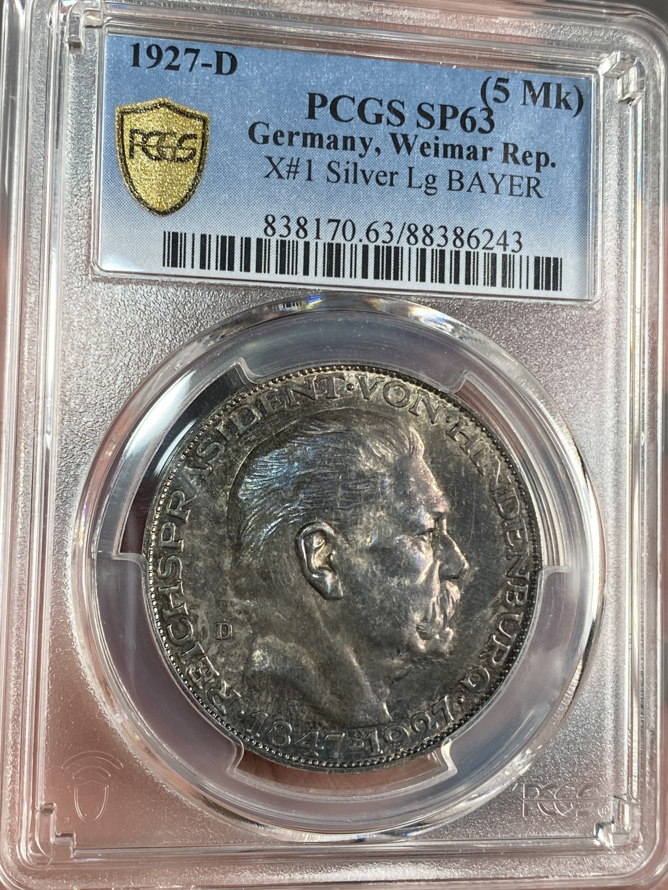 万国钱币拍卖第024期（诸神之战） PCGS SP63 1927年德国魏玛共和国总统兴登堡总统80大寿纪念5马克币章 卡尔哥茨设计 深五彩非常耐看