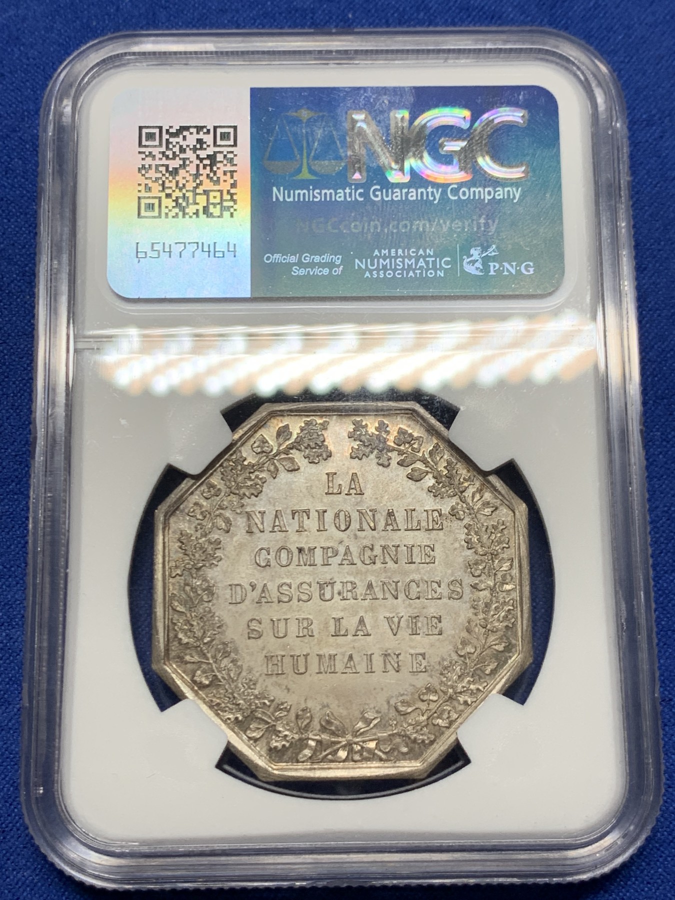 《竞宝斋》第262场-周日，周一，周二 3场连拍 (全场包邮) NGC MS65 法国国家火灾保险公司八角银质jeton，高分好品