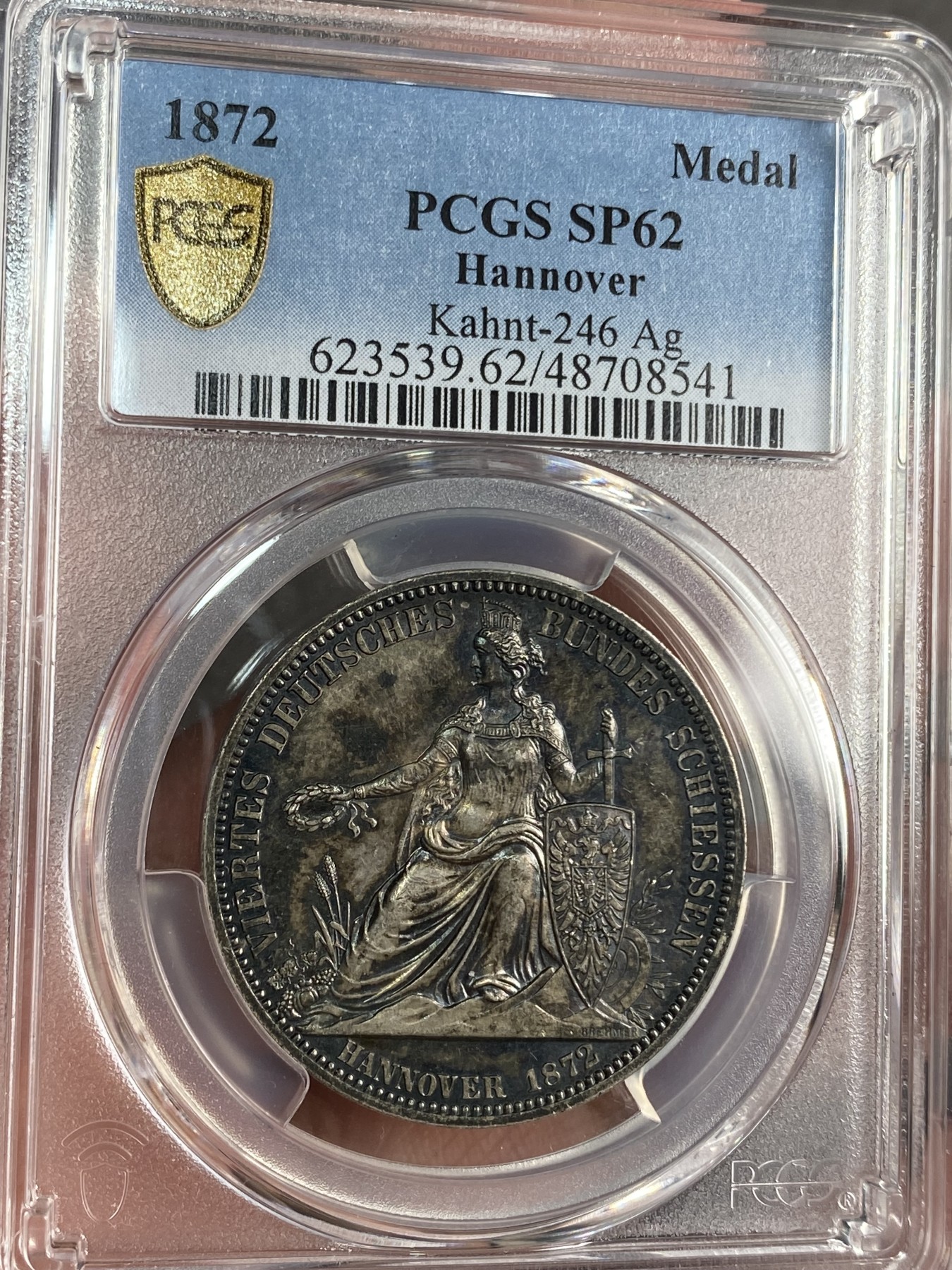 万国钱币拍卖第024期（诸神之战） PCGS SP62 1872年德国汉诺威双狮盾徽射击节1泰勒币章 最后的1泰勒 完美酱彩 高点完美