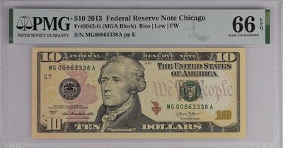 美元专场 - 豹子身MGA冠序列号:MG00863338A 10美元绿库印联邦券Federal Reserve Note Chicago, $10 2013 Small Size