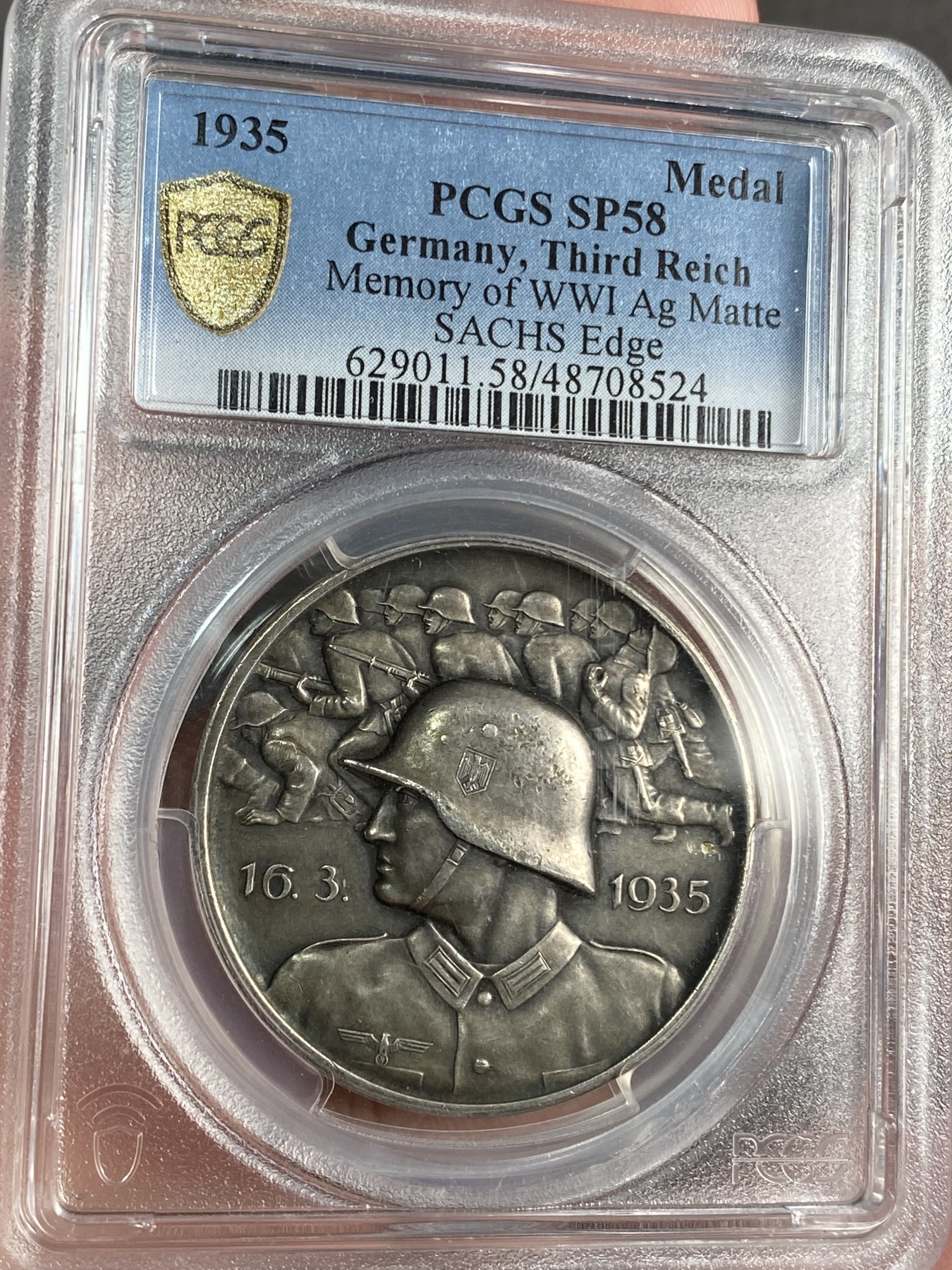 万国钱币拍卖第024期（诸神之战） PCGS SP58 1935年德国全国总动员纪念银章 元首亲签的动员令 原味高浮雕 