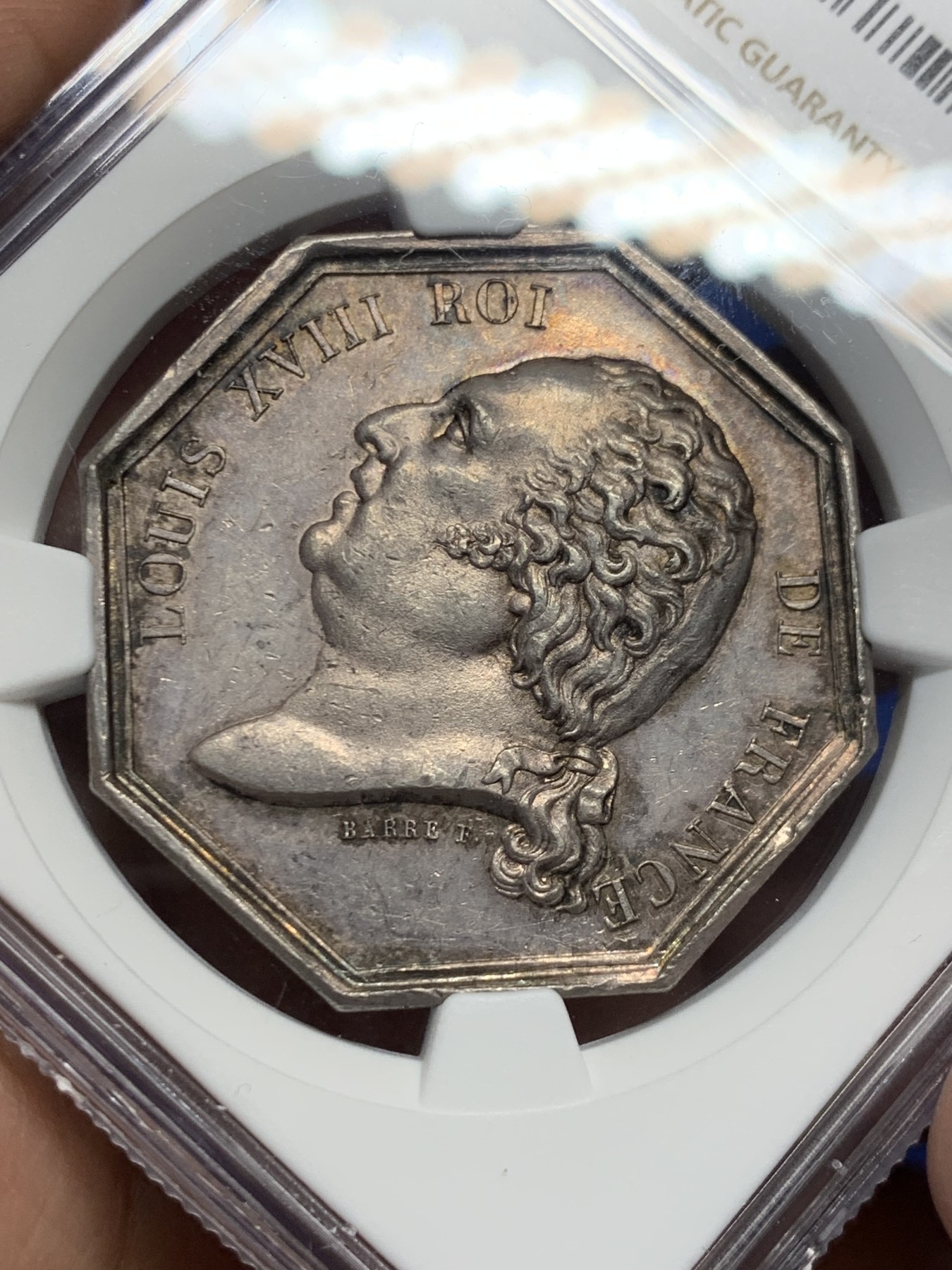 《竞宝斋》第262场-周日，周一，周二 3场连拍 (全场包邮) NGC MS62 法国1819路易十八凤凰火灾保险公司八角银质代币