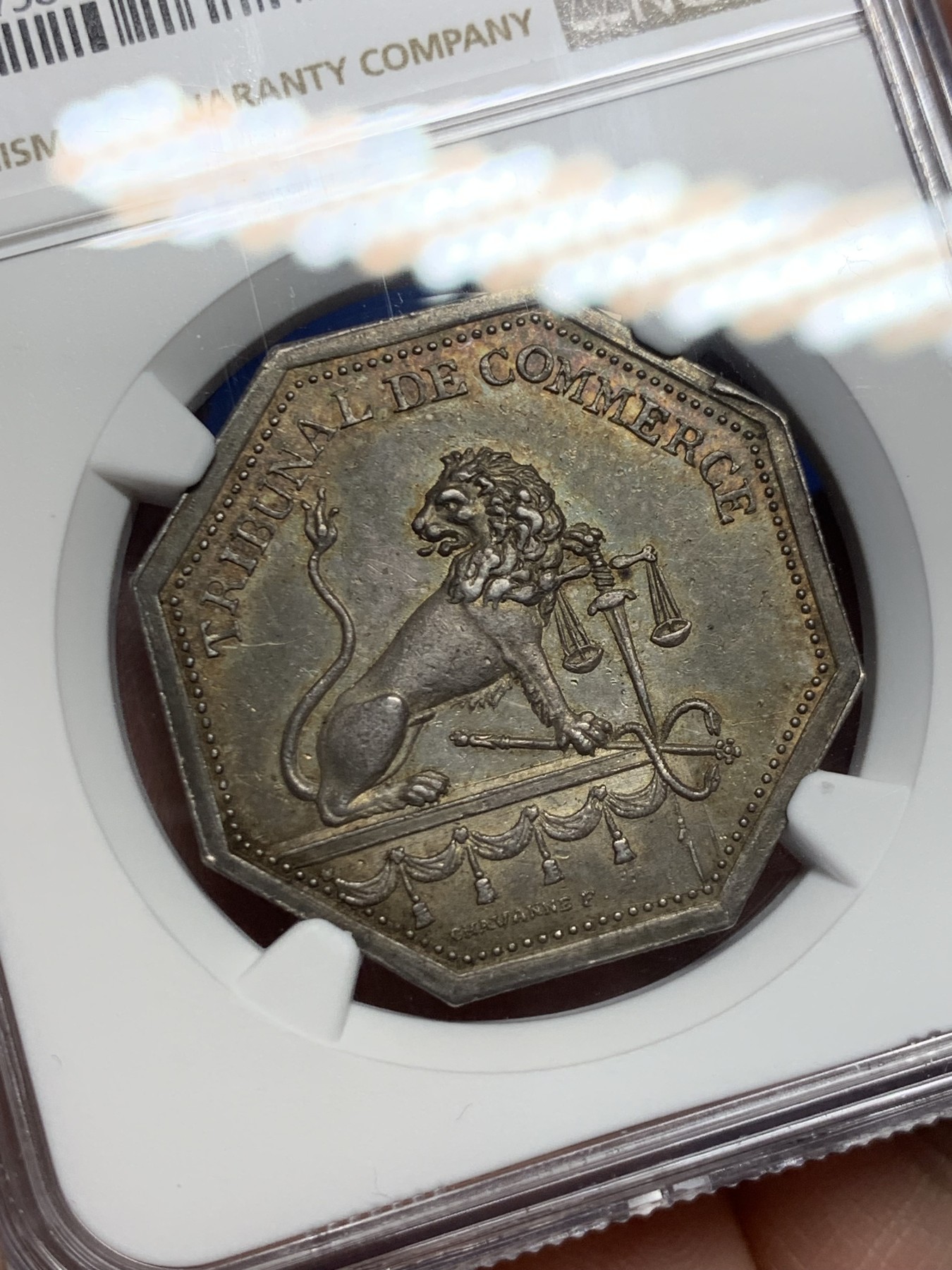 《竞宝斋》第262场-周日，周一，周二 3场连拍 (全场包邮) NGC MS62 法国里昂商业法庭八角银质jeton，里昂地区特色狮子