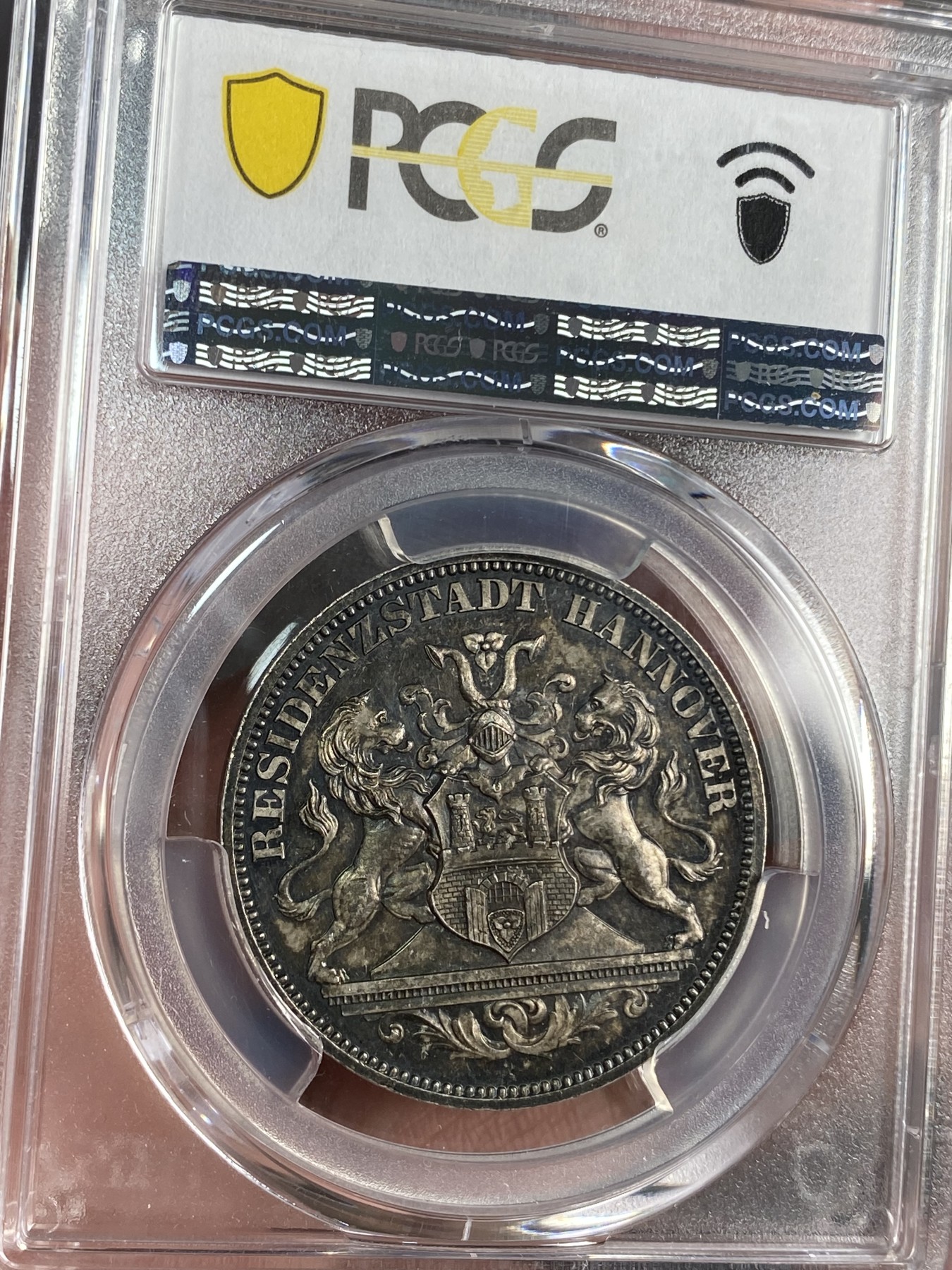 万国钱币拍卖第024期（诸神之战） PCGS SP62 1872年德国汉诺威双狮盾徽射击节1泰勒币章 最后的1泰勒 完美酱彩 高点完美