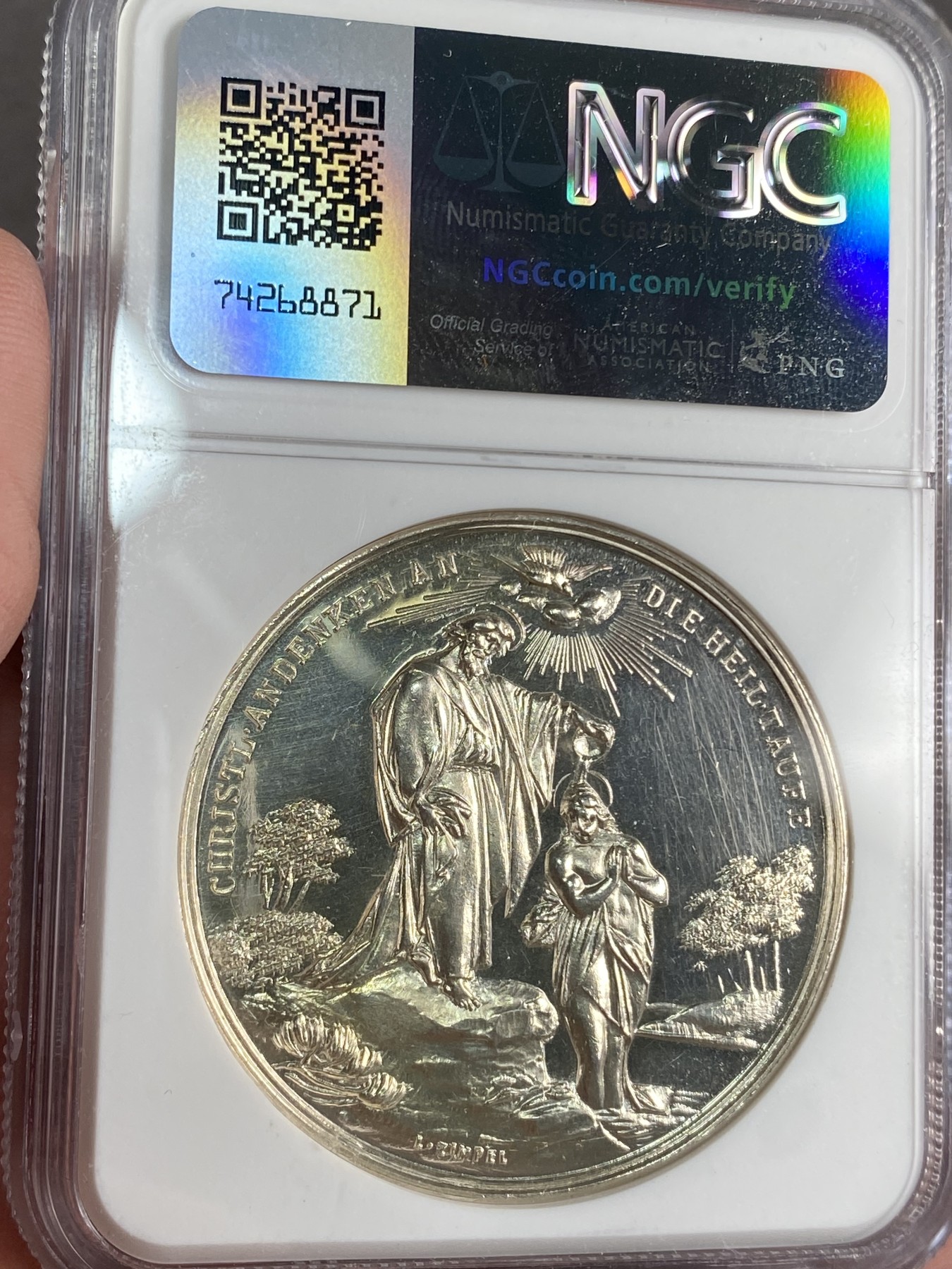 万国钱币拍卖第024期（诸神之战） NGC MS63 20世纪初奥地利洗礼纪念大银章 完美镜面 受洗婴儿与耶稣在约旦河受洗场景