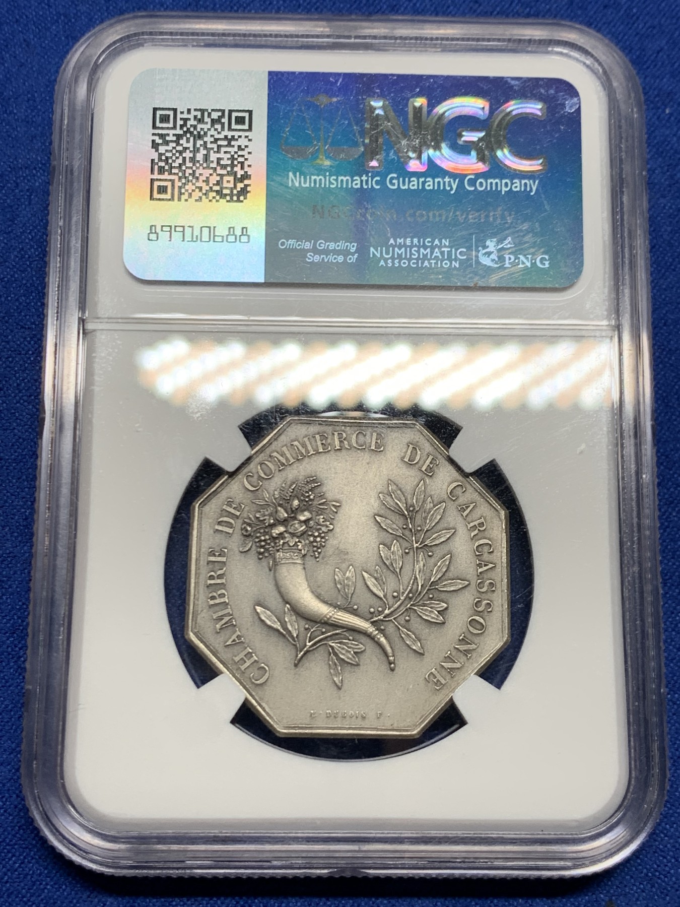 《竞宝斋》第262场-周日，周一，周二 3场连拍 (全场包邮) NGC MS64 法国卡尔卡松商业公司八角银质代币，商业之神墨丘利背面丰饶角