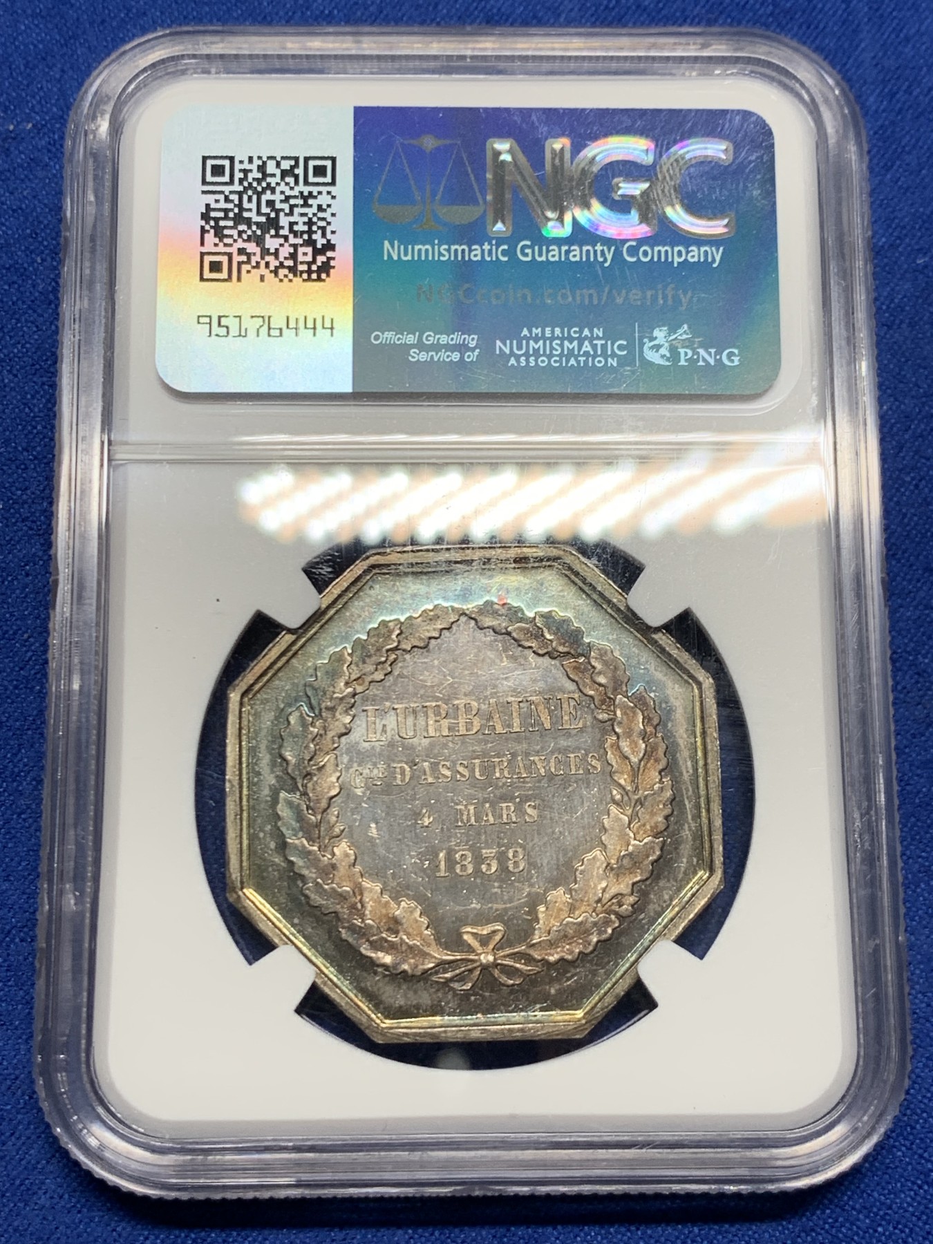 《竞宝斋》第262场-周日，周一，周二 3场连拍 (全场包邮) NGC MS62 法国1838城堡皇冠八角银质代币，五彩镜面低评，蜜蜂边铭