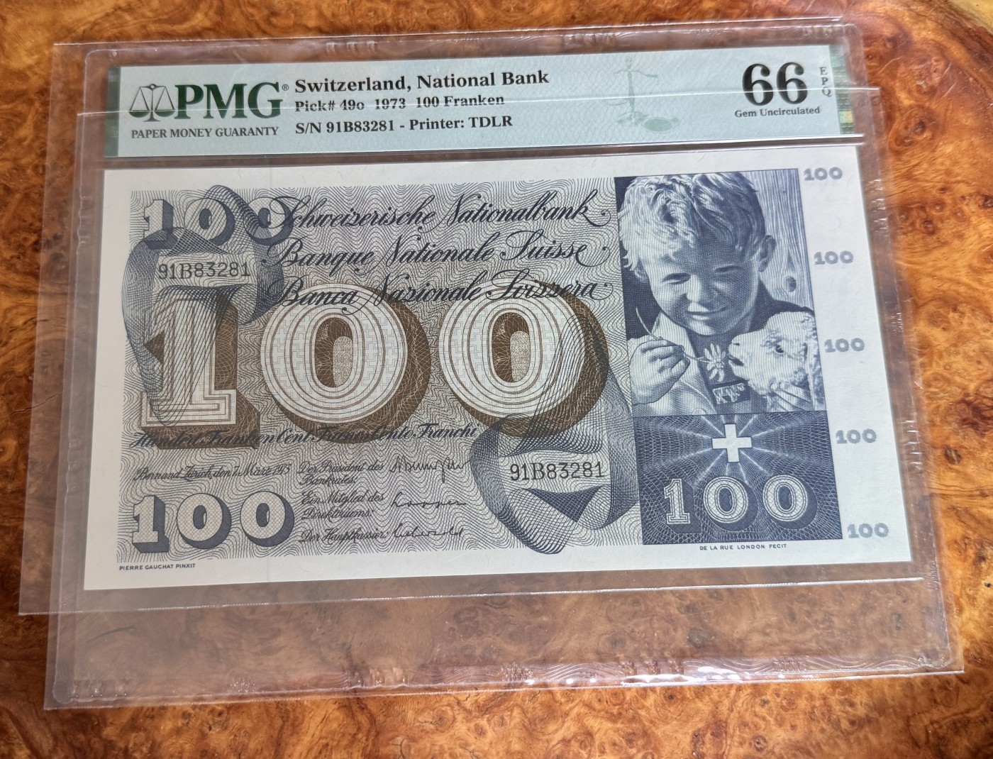 Chase Auction 第28期 - - 外钞、民国钞和人民币混合场！ 1973年瑞士100法郎，无47，PMG66！