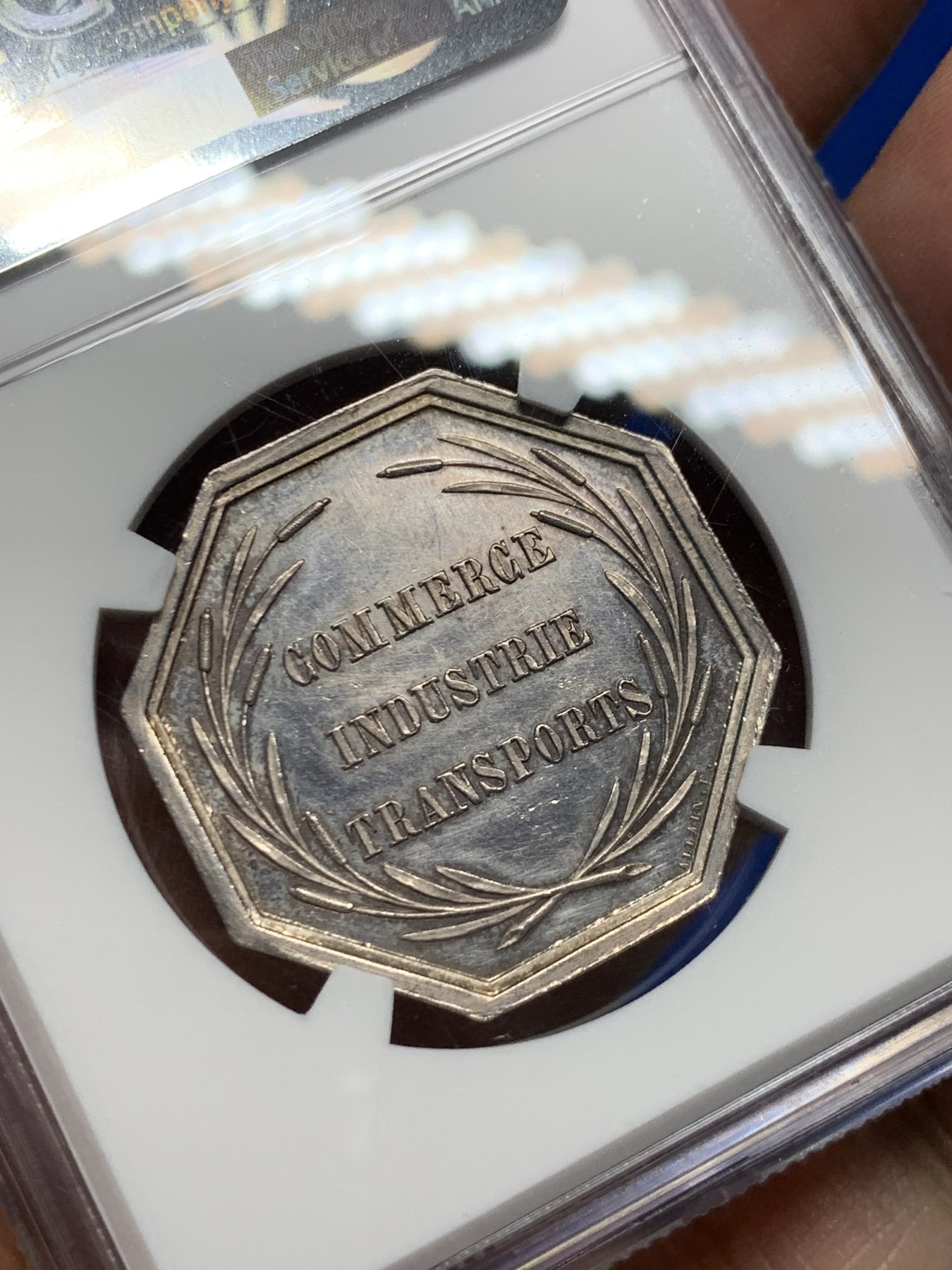 《竞宝斋》第262场-周日，周一，周二 3场连拍 (全场包邮) NGC MS62 法国1855内河航运八角银质代币