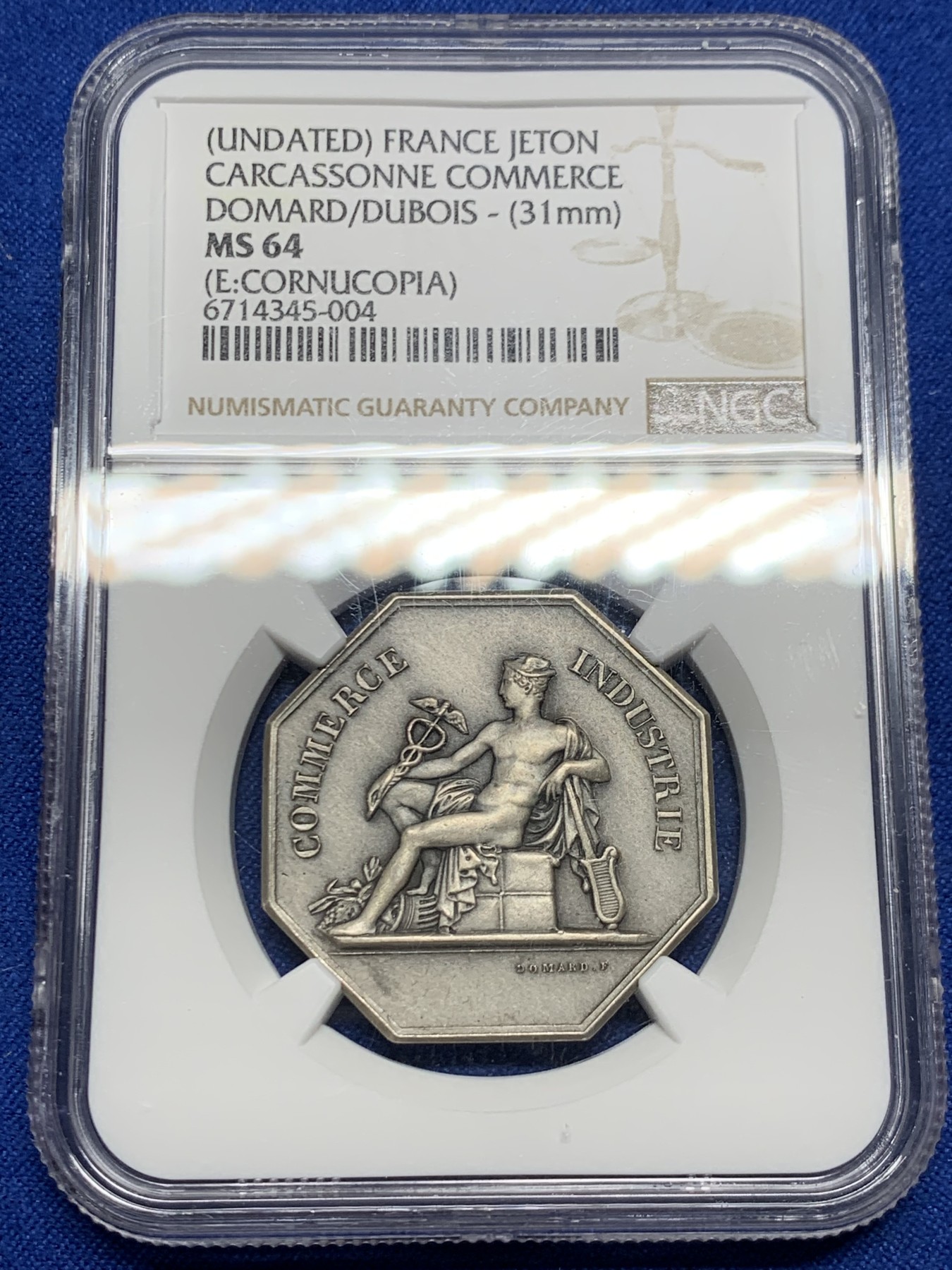 《竞宝斋》第262场-周日，周一，周二 3场连拍 (全场包邮) NGC MS64 法国卡尔卡松商业公司八角银质代币，商业之神墨丘利背面丰饶角