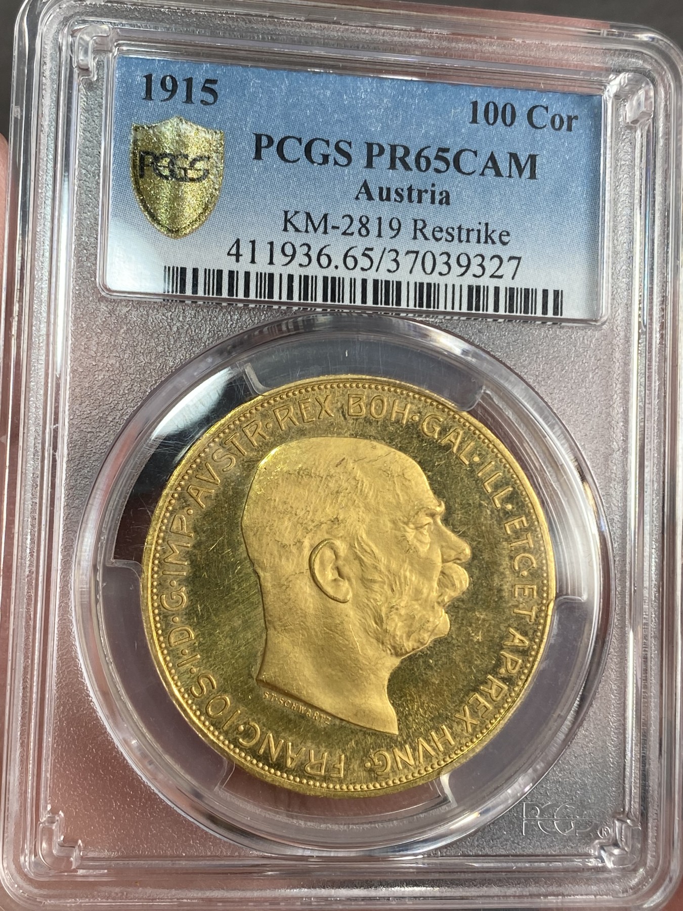 万国钱币拍卖第024期（诸神之战） PCGS PR65CAM 1915（后铸）奥地利精制100克朗金币 完美镜面状态，33.88g，900金。