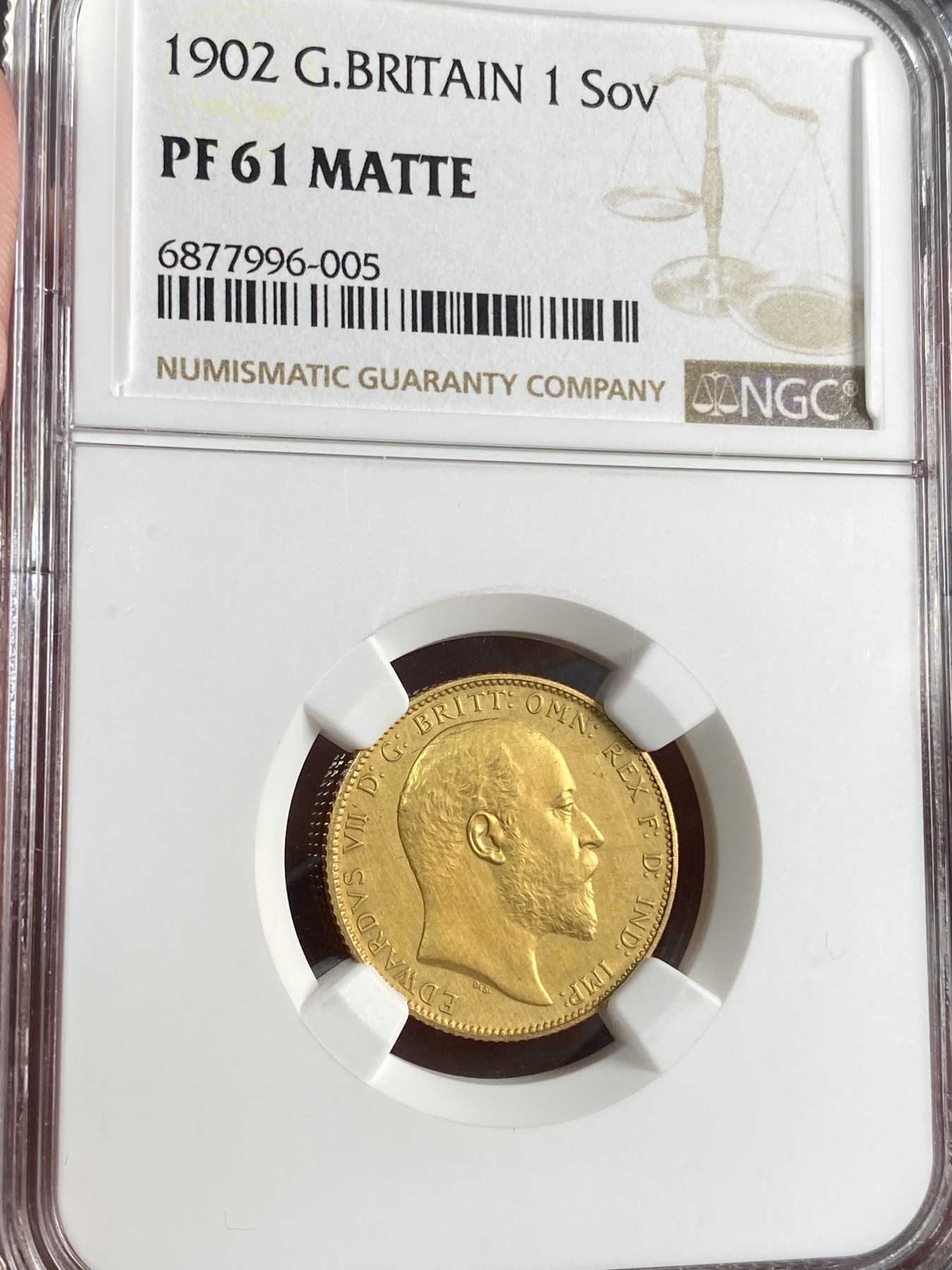 万国钱币拍卖第024期（诸神之战） NGC PF61 1902英国爱德华七世索维林金币 发行量仅15000枚，7.96g，917金。