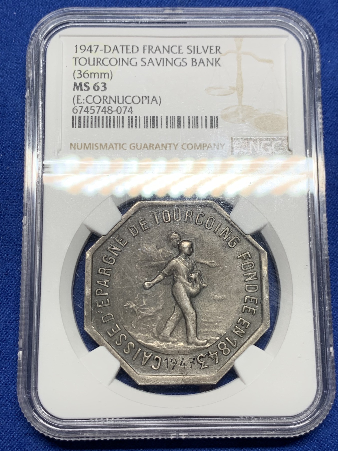 《竞宝斋》第262场-周日，周一，周二 3场连拍 (全场包邮) NGC MS63 法国1947图尔昆储蓄银行八角银质代币，大型少见