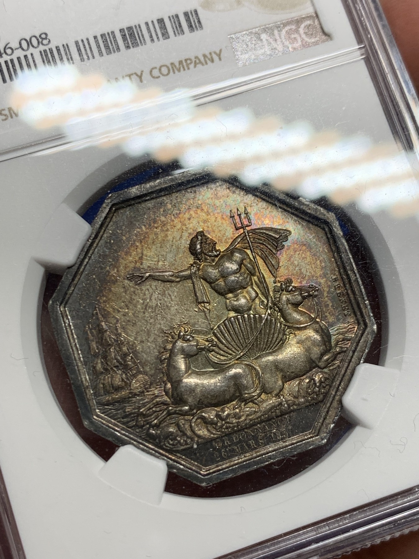 《竞宝斋》第262场-周日，周一，周二 3场连拍 (全场包邮) NGC-MS61 法国名誉品海王八角银质代币，海洋保险公司，手持三叉戟的霸气波塞冬与他的坐骑