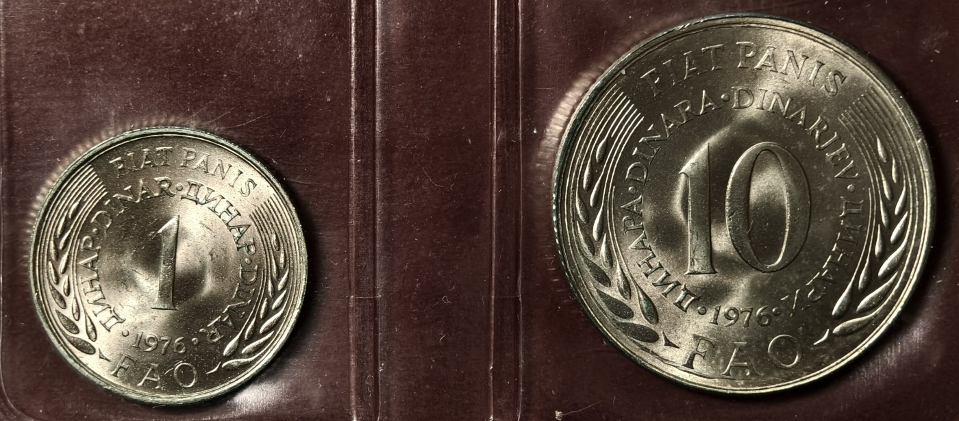 紫瑗钱币——第342期拍卖 南斯拉夫 1976年 世界粮农组织FAO 1 10第纳尔 UNC 纪念币 2枚套 原包装