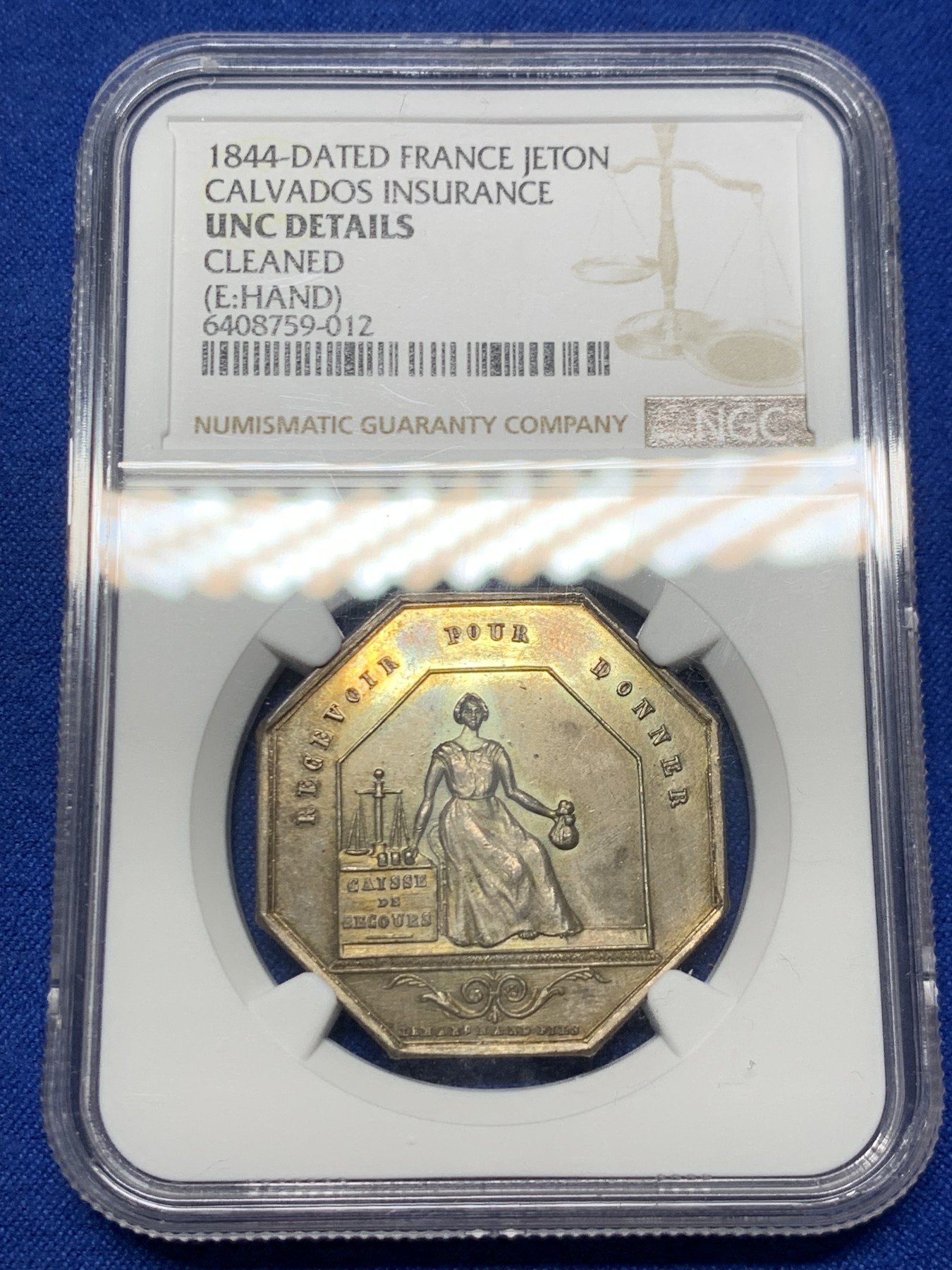 《竞宝斋》第262场-周日，周一，周二 3场连拍 (全场包邮) NGC-UNCD 法国卡尔瓦多斯火灾保险公司八角银质代币