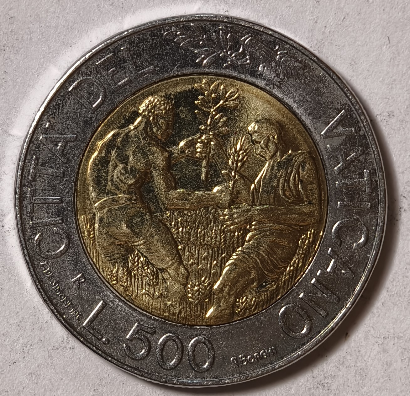 紫瑗钱币——第374期拍卖 梵蒂冈 1998年 保罗二世 2个农民 500里拉 双色币 UNC