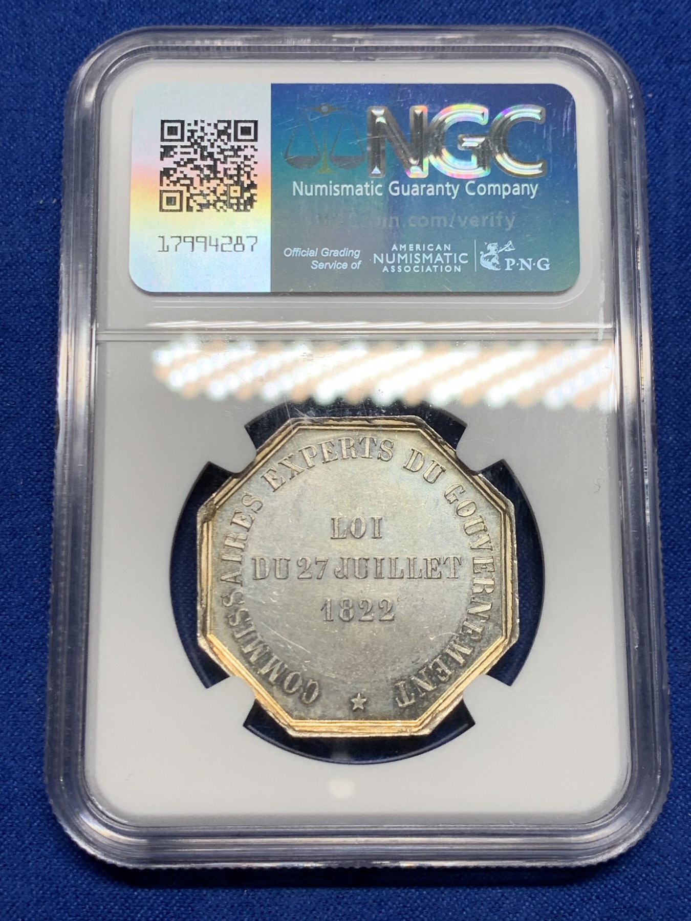 《竞宝斋》第262场-周日，周一，周二 3场连拍 (全场包邮) NGC MS63 法国1831鲁恩公证处八角银质代币，商业之神墨丘利，丰饶角边铭