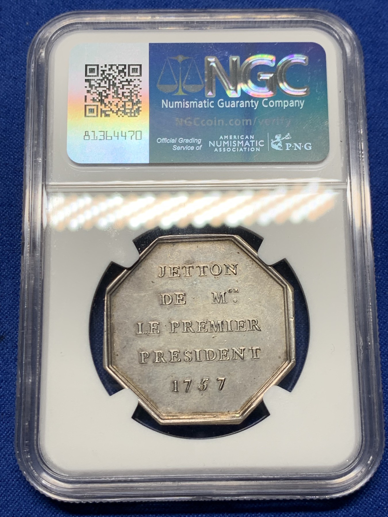 《竞宝斋》第262场-周日，周一，周二 3场连拍 (全场包邮) NGC MS62 法国1757年带有巴黎议会长Mathieu-François纹章的八角银质jeton，早期无边铭，首见品种