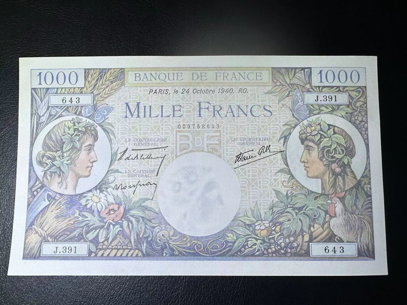 【Blue Auction】✨世界纸币精拍第466期【精】 法国 1940年1000法郎 AU品相 AU+ 大票幅 墨丘利