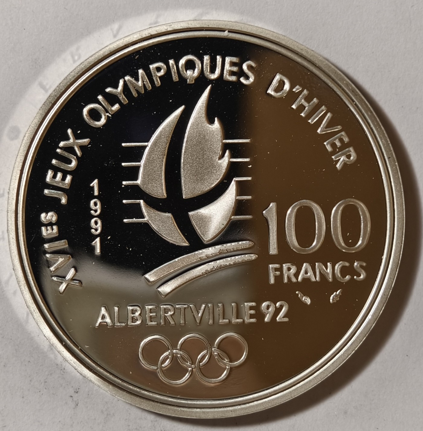 紫瑗钱币——第342期拍卖 法国 1991年 阿尔贝维尔冬奥会 冰球 100法郎 22.2克 0.9银 精制