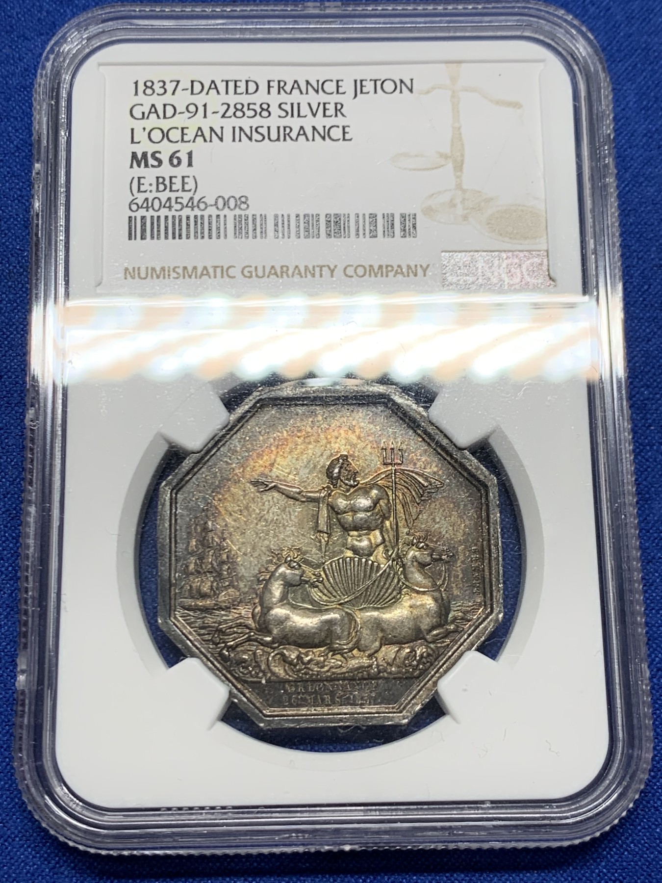 《竞宝斋》第262场-周日，周一，周二 3场连拍 (全场包邮) NGC-MS61 法国名誉品海王八角银质代币，海洋保险公司，手持三叉戟的霸气波塞冬与他的坐骑