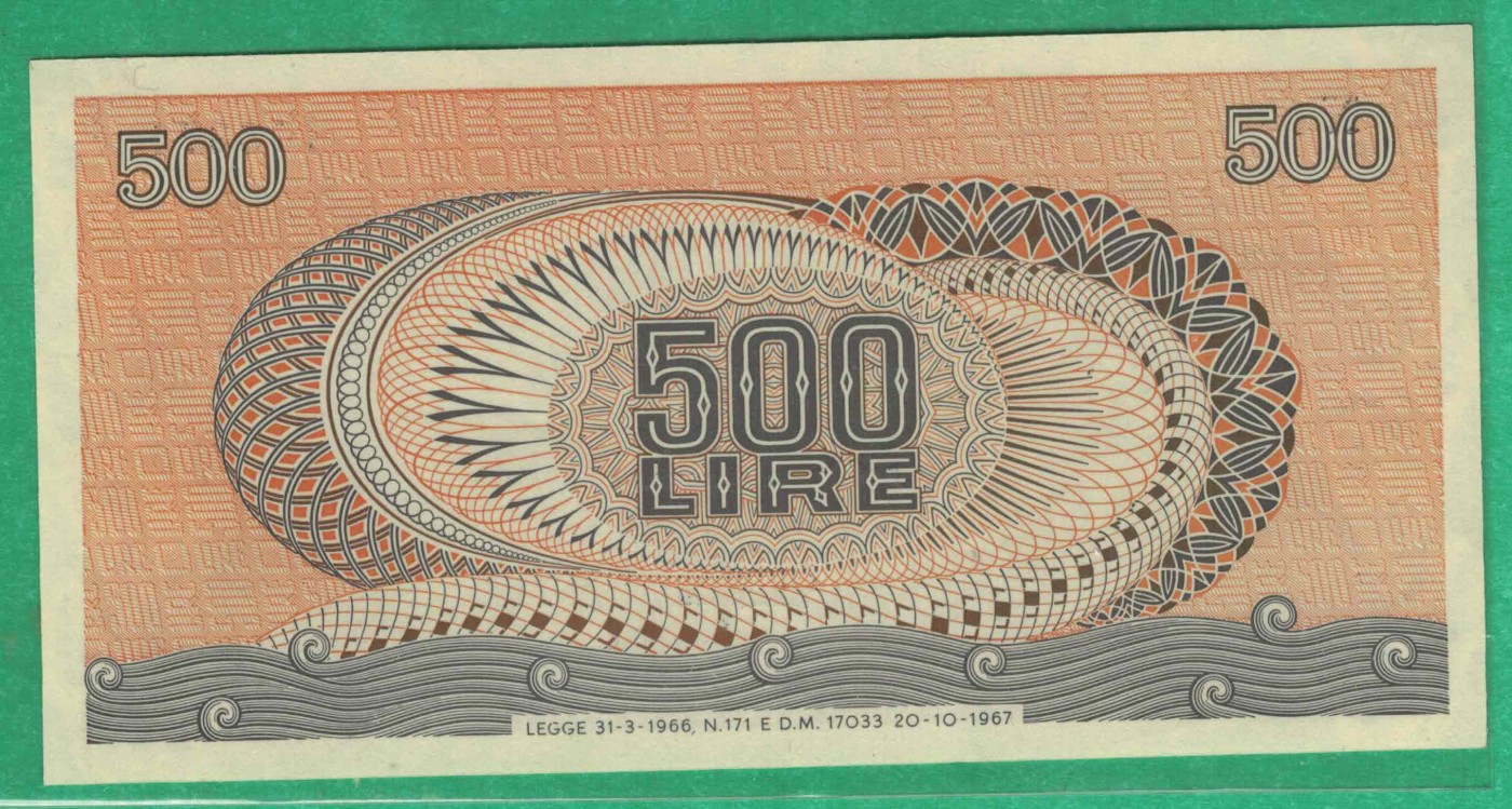 意大利1967年500里拉 仙女猎人阿瑞塞莎 P-93a 无4 实物图 UNC