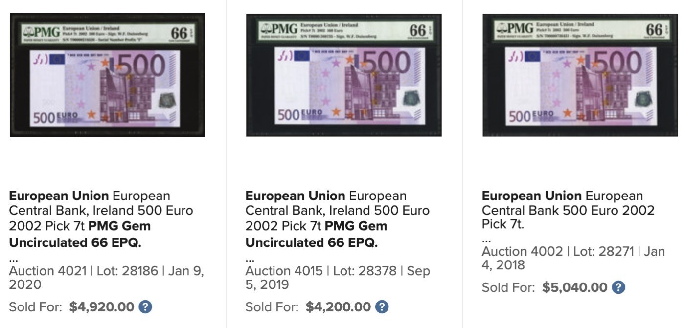 【Blue Auction】✨世界纸币精拍第466期【精】   【首签无47 最稀少爱尔兰版】欧盟 2002年500欧元 PMG65EPQ 绝品 总发行量180万张 PMG评级量50枚 