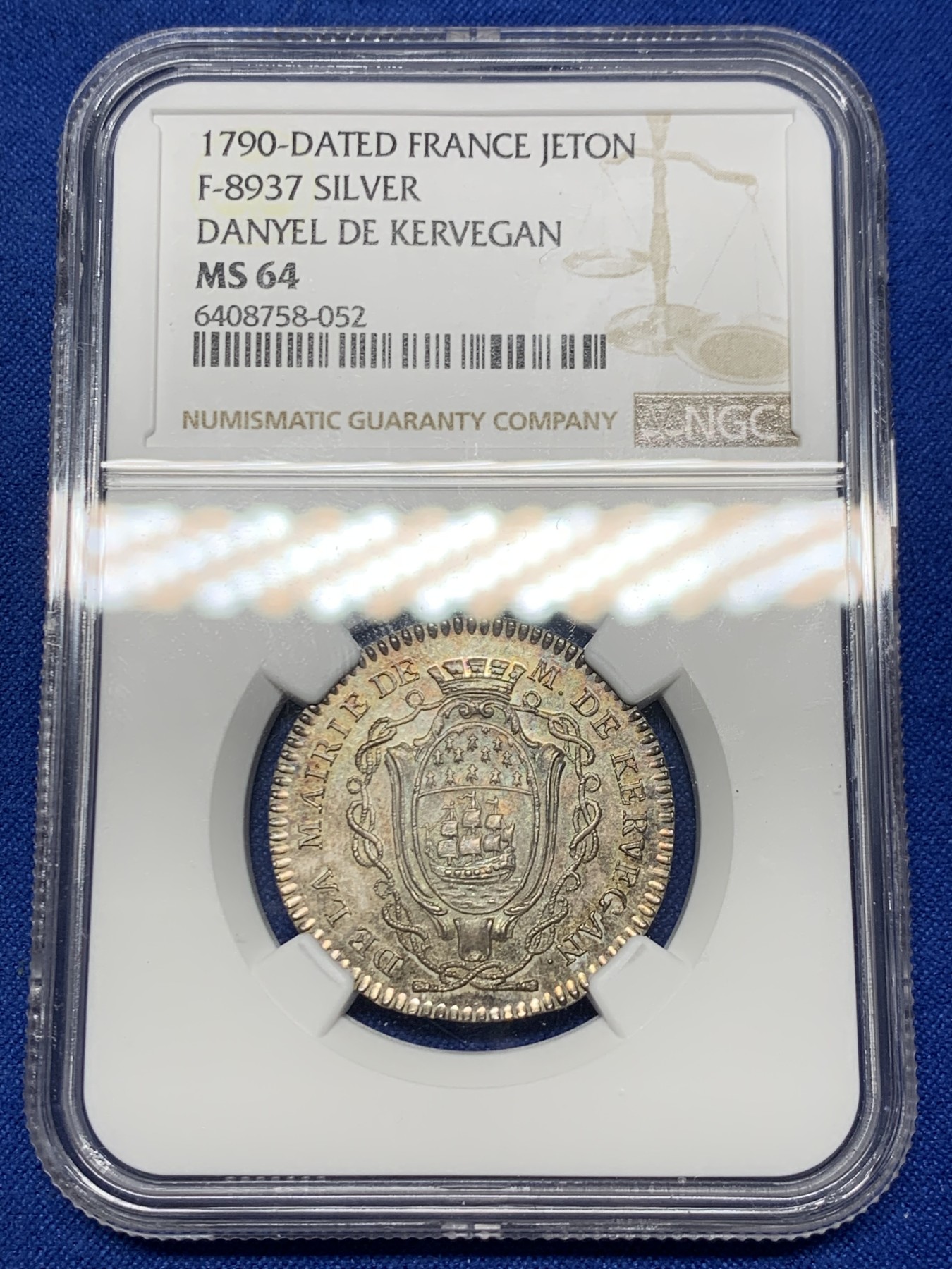 《竞宝斋》第262场-周日，周一，周二 3场连拍 (全场包邮) NGC MS64 法国1789-1790年南特市市长Kervégan先生的纹章银质jeton