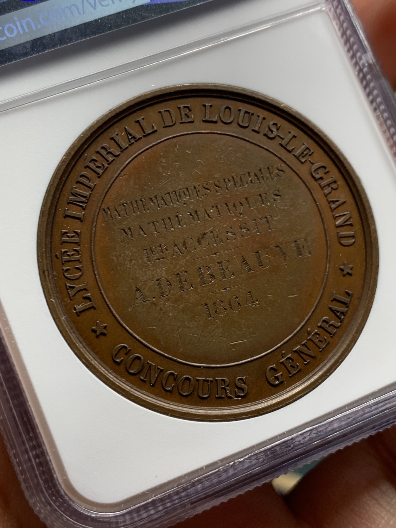 《竞宝斋》第262场-周日，周一，周二 3场连拍 (全场包邮) NGC MS62BN 法国1864帝国高中铜章 拿破仑三世头像 蜜蜂边铭