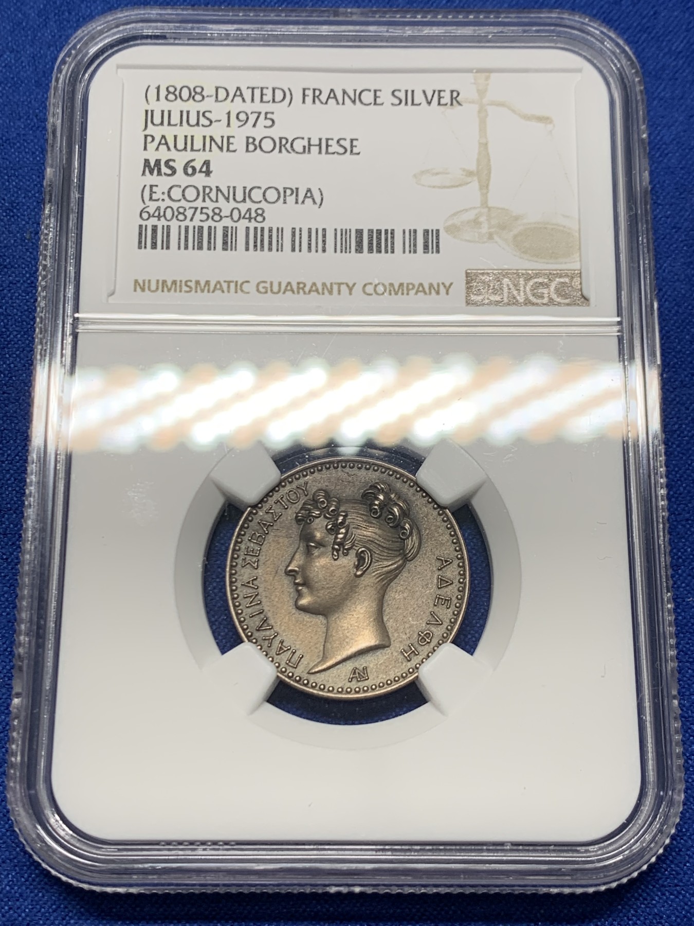 《竞宝斋》第262场-周日，周一，周二 3场连拍 (全场包邮) NGC MS64 法国拿破仑妹妹波琳娜银质jeton，背面惠美三女神