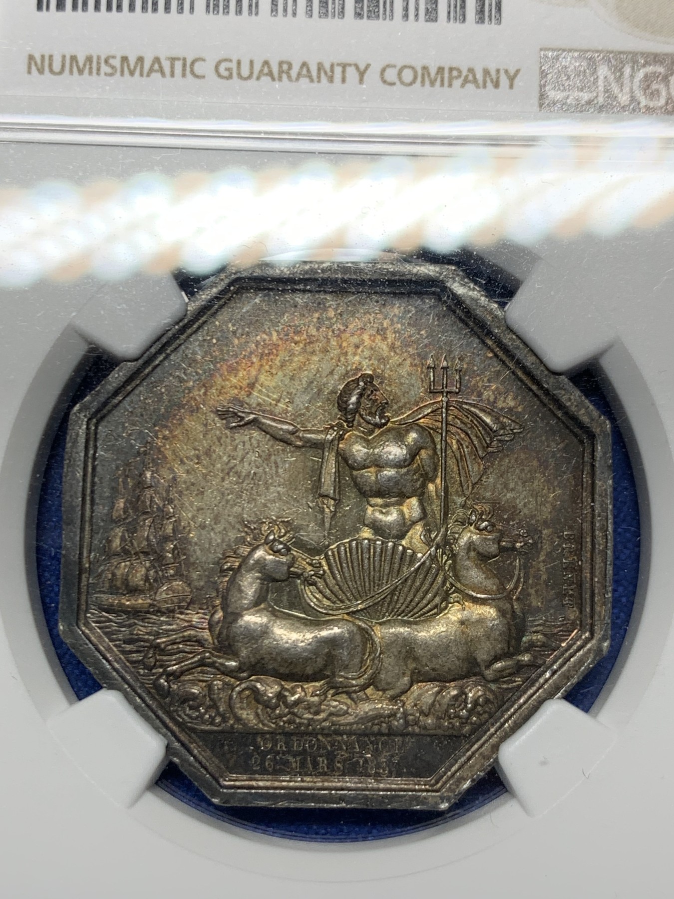 《竞宝斋》第262场-周日，周一，周二 3场连拍 (全场包邮) NGC-MS61 法国名誉品海王八角银质代币，海洋保险公司，手持三叉戟的霸气波塞冬与他的坐骑