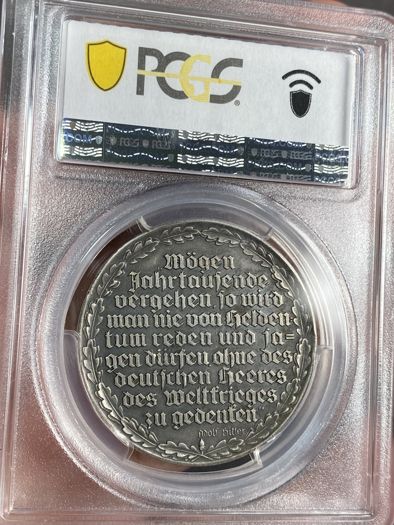 万国钱币拍卖第024期（诸神之战） PCGS SP58 1935年德国全国总动员纪念银章 元首亲签的动员令 原味高浮雕 