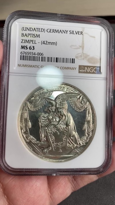 万国钱币拍卖第024期（诸神之战） NGC MS63 20世纪初奥地利洗礼纪念大银章 完美镜面 受洗婴儿与耶稣在约旦河受洗场景