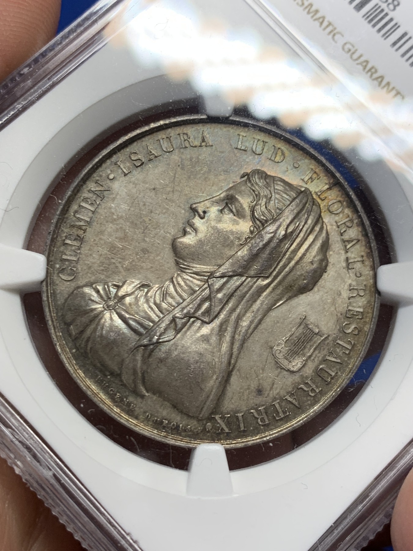 《竞宝斋》第262场-周日，周一，周二 3场连拍 (全场包邮) NGC MS62 法国图卢兹花卉节银质jeton，女诗人克莱蒙·伊索尔