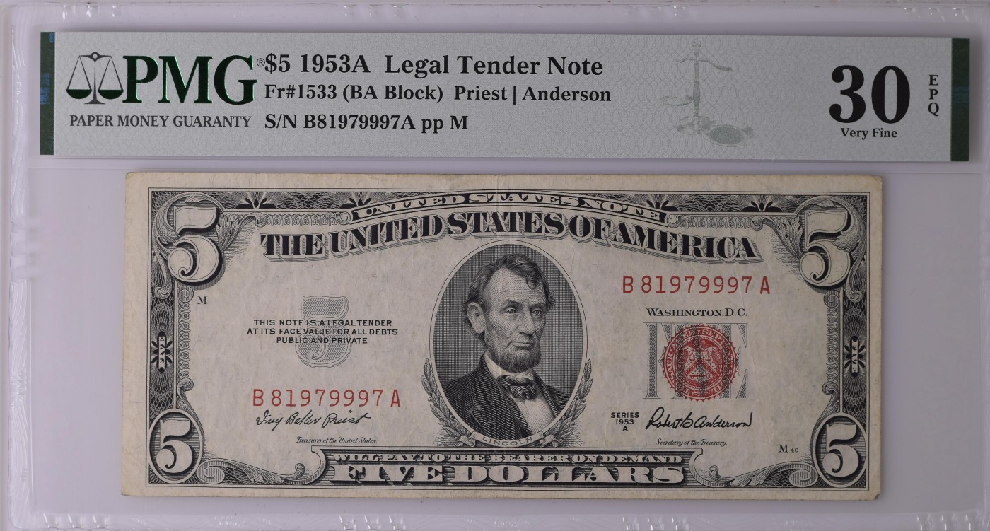 美元专场 豹子身序列号:B81979997A 5美元红库印战争券Legal Tender Note, $5 1953A Small Size