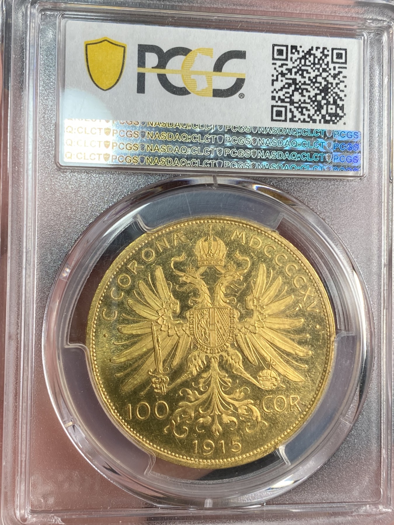 万国钱币拍卖第024期（诸神之战） PCGS PR65CAM 1915（后铸）奥地利精制100克朗金币 完美镜面状态，33.88g，900金。