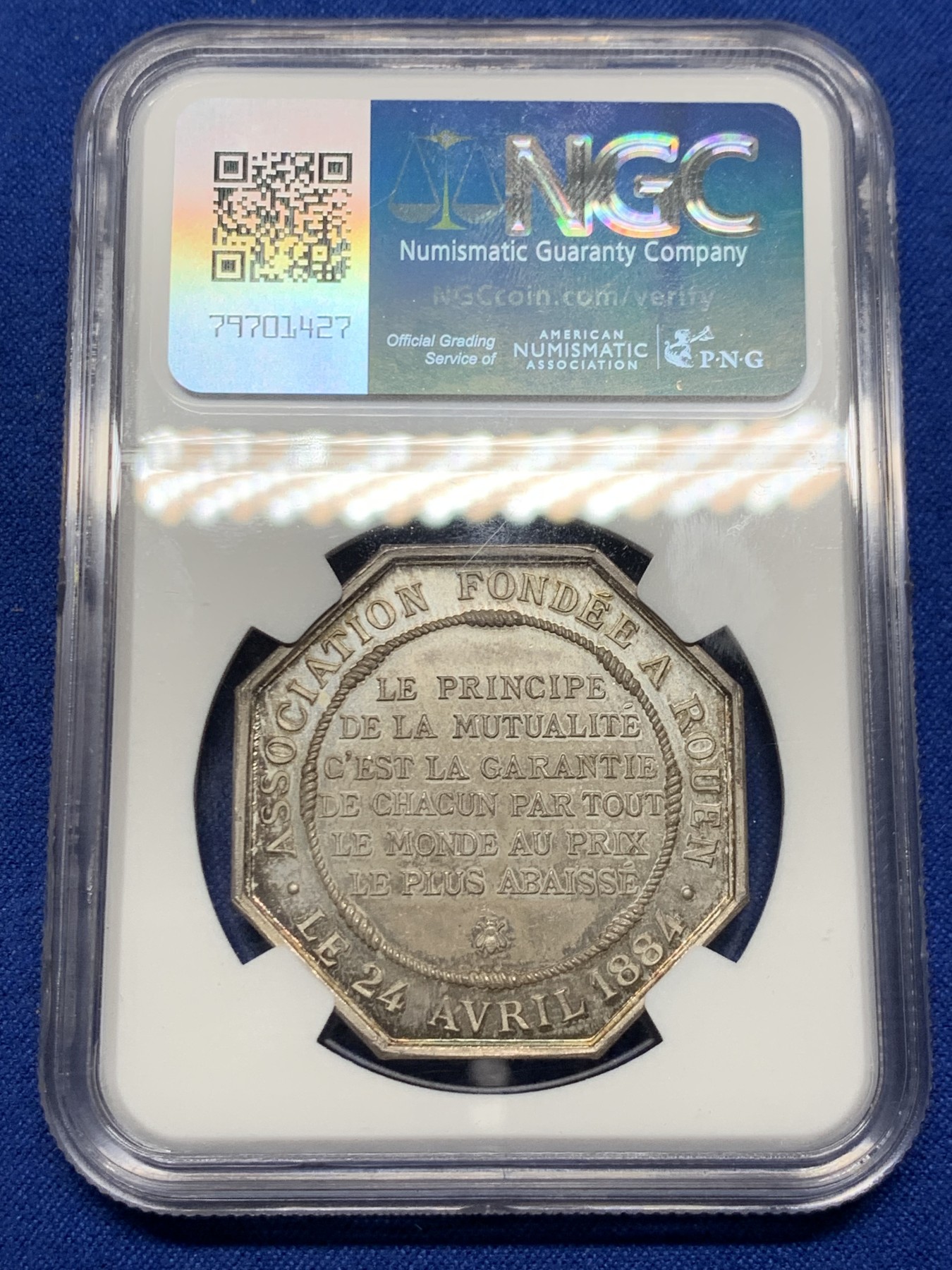 《竞宝斋》第262场-周日，周一，周二 3场连拍 (全场包邮) NGC MS64 法国鲁昂火灾保险公司八角银质jeton